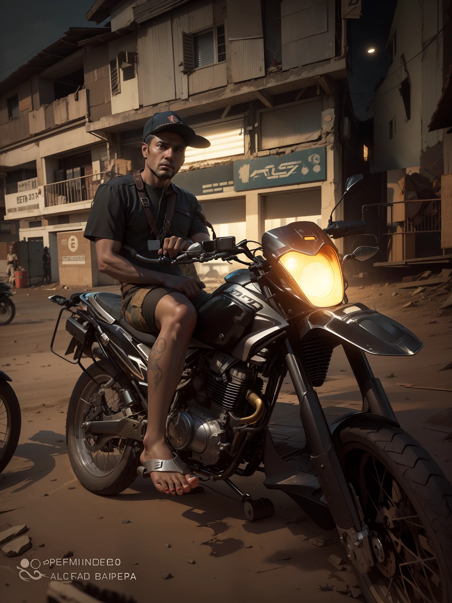 apocalipse, fim do mundo, farol de moto com luz branca, noite, Apocalyptic theme, realistic foot, perfect human foot