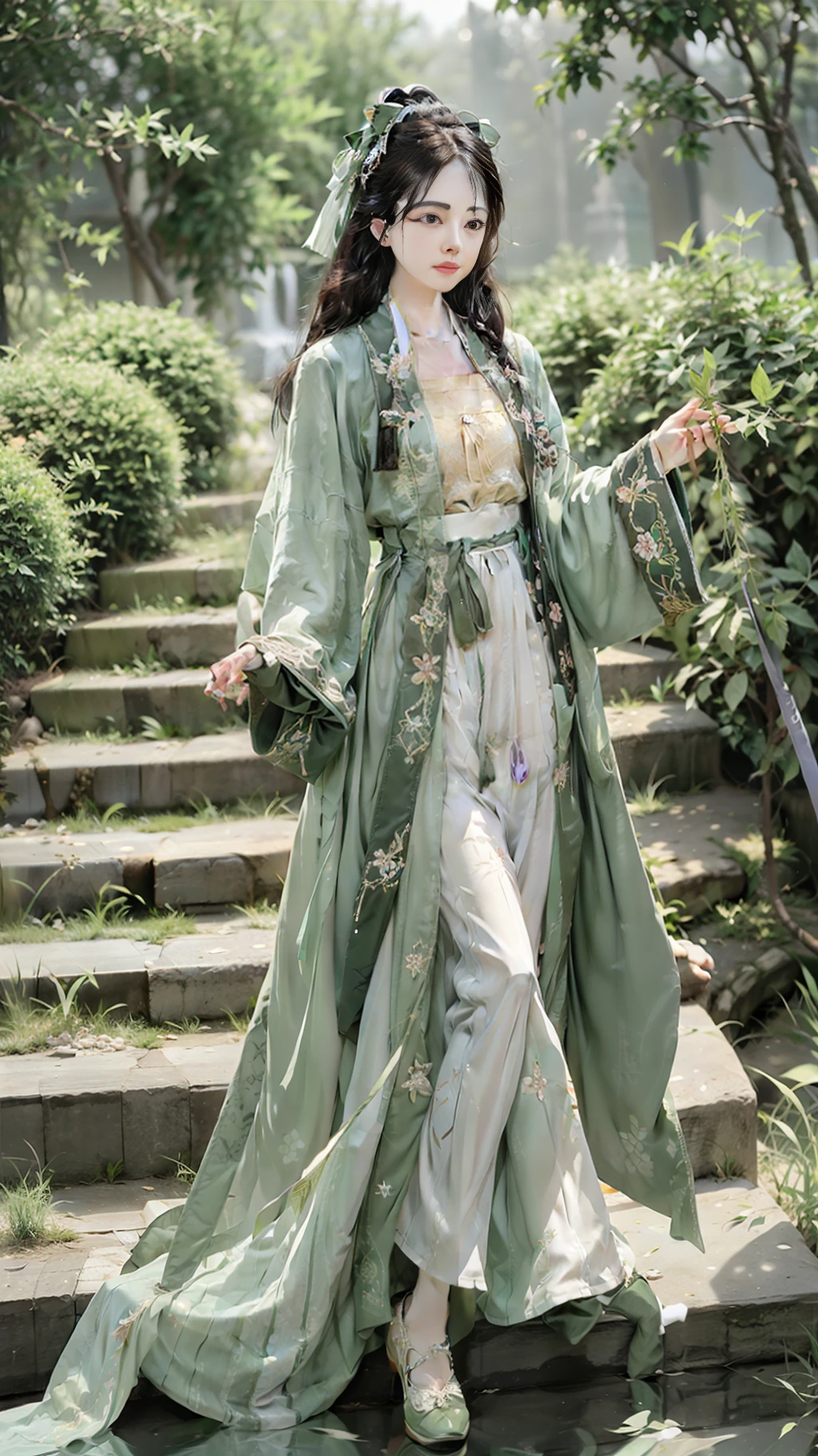 Woman - Dressed in emerald green dress - Light steps - Flowing skirt - Long hair like a waterfall - Purple ribbon around waist - Feminine and moving - Pure girl - Focus on reading Scroll - Qinqi - Song style clothing - Song Dynasty scholarly Xiangmendi - Elegant atmosphere,jade foot,