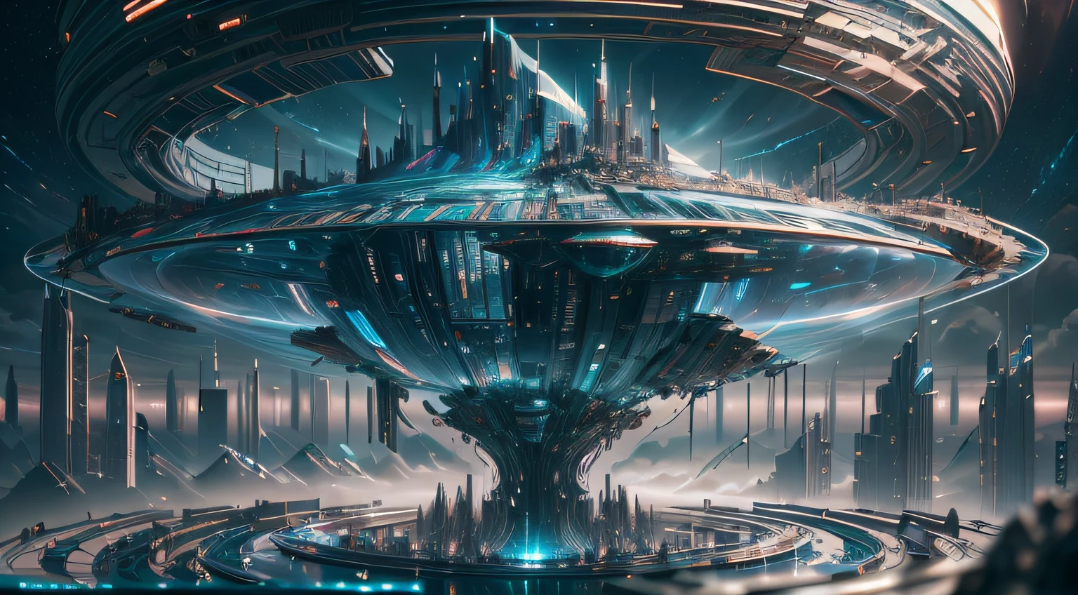 a future city, (Super detail: 1.4), cyberpunk, light, mist, many spaceships, future science and technology spaceship, future technology car, starry sky, CG style, hd wallpaper, cg art, 3D art, Surrealism, photorealistic, cinematic lighting, reflection light, atmospheric perspective, panorama, fisheye, lens flare, bokeh, Surrealism, UHD, super detail, award winning, high details, 8k