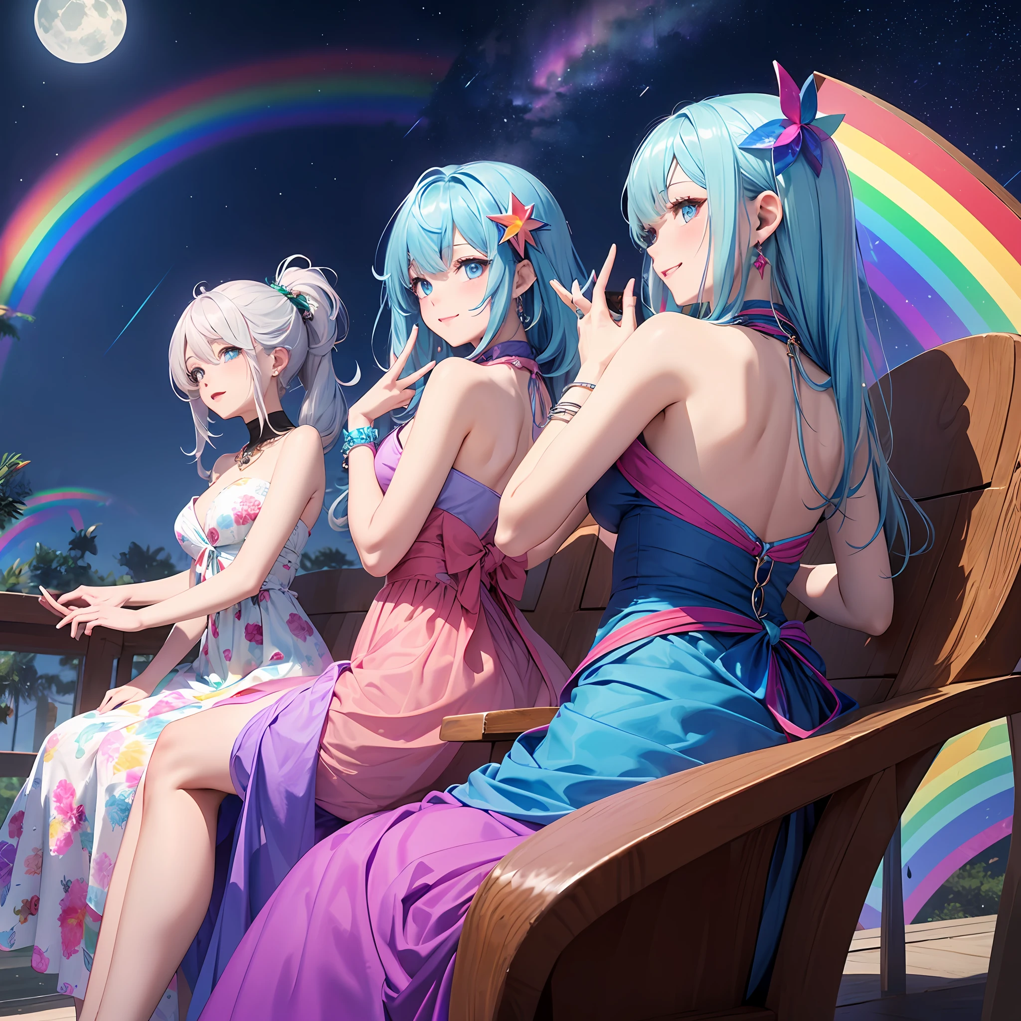 Dark Magician Girl、MKSKS style、2guys、(highly detailed back ground:1.0)、(highly detailed back ground:1.0)、​masterpiece、top-quality、8K、Blue eyes、Pose with both hands raised and sides visible、The upper part of the body、Sitting in a plush chair、Hair ornament with emerald、Reddish cheeks、Smiling、(1/2 pink and 1/2 Light blue hair、rainbow-colored hair)、(Colorful dress with a lot of draping、Rainbow dress:1.3)、Fur muffler、Silver necklace、Silver bracelet、Bad hands, bad finger, Missing fingers, Extra fingers、Aurora、night sky full of stars、shooting stars、fullmoon、natta --auto