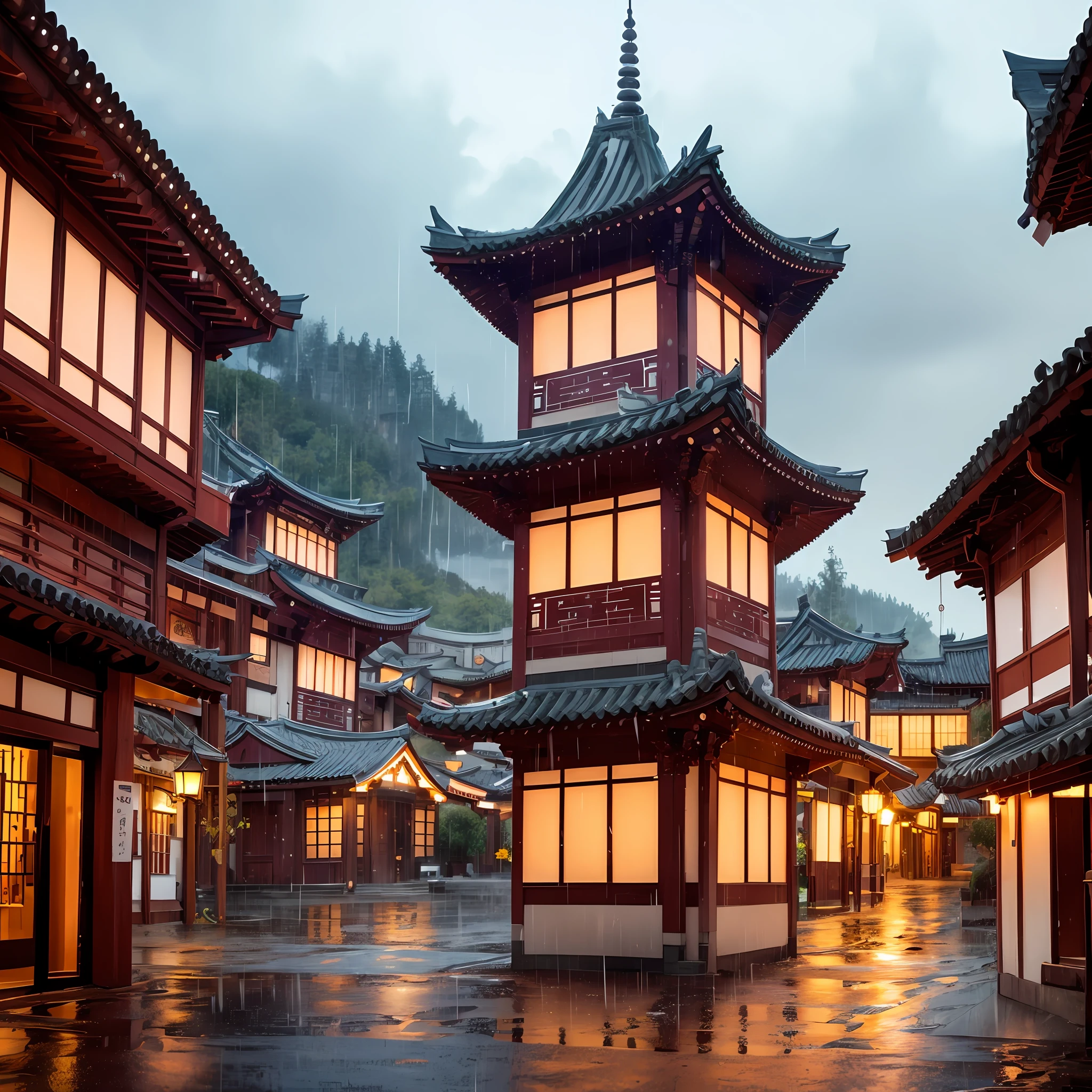 arafed view of a village with a lot of lights on the buildings, dreamy chinese town, chinese village, amazing wallpaper, japanese town, japanese village, hyper realistic photo of a town, old asian village, japanese city, by Raymond Han, rainy evening, cyberpunk chinese ancient castle, beautifully lit buildings, at evening during rain, beautiful and aesthetic, photography, cinematic, 8k, high detailed ((Heavy rain))) --auto