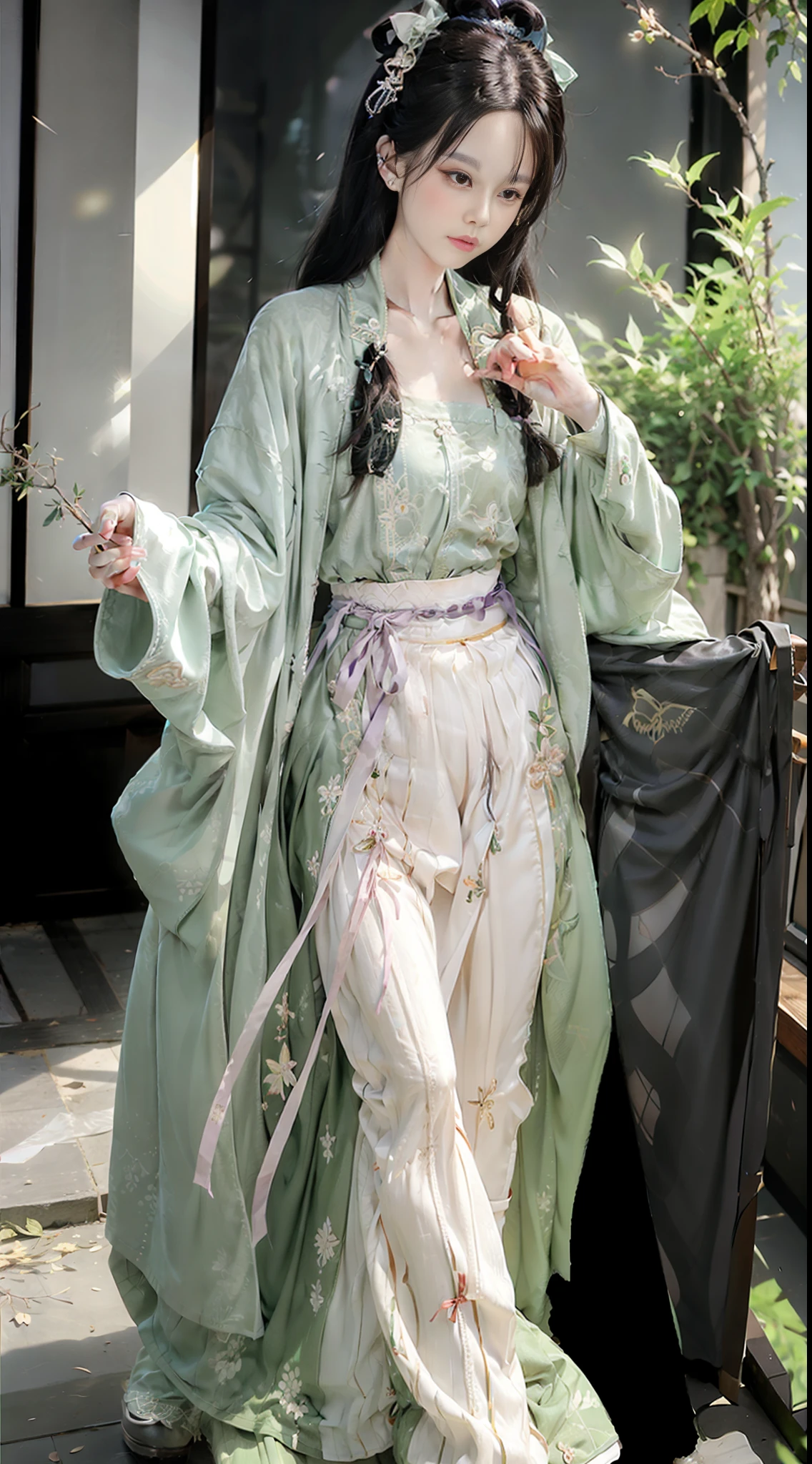 Woman - Wearing an emerald green dress - Light steps - Flowing skirt - Long hair like a waterfall - Purple ribbon around the waist - Feminine and moving - Pure girl - Focus on reading Scroll - Qin Qi - Song style clothing - Song Dynasty literati Xiangmendi - Elegant atmosphere,Jade foot,Pure,Simple clothing,naive