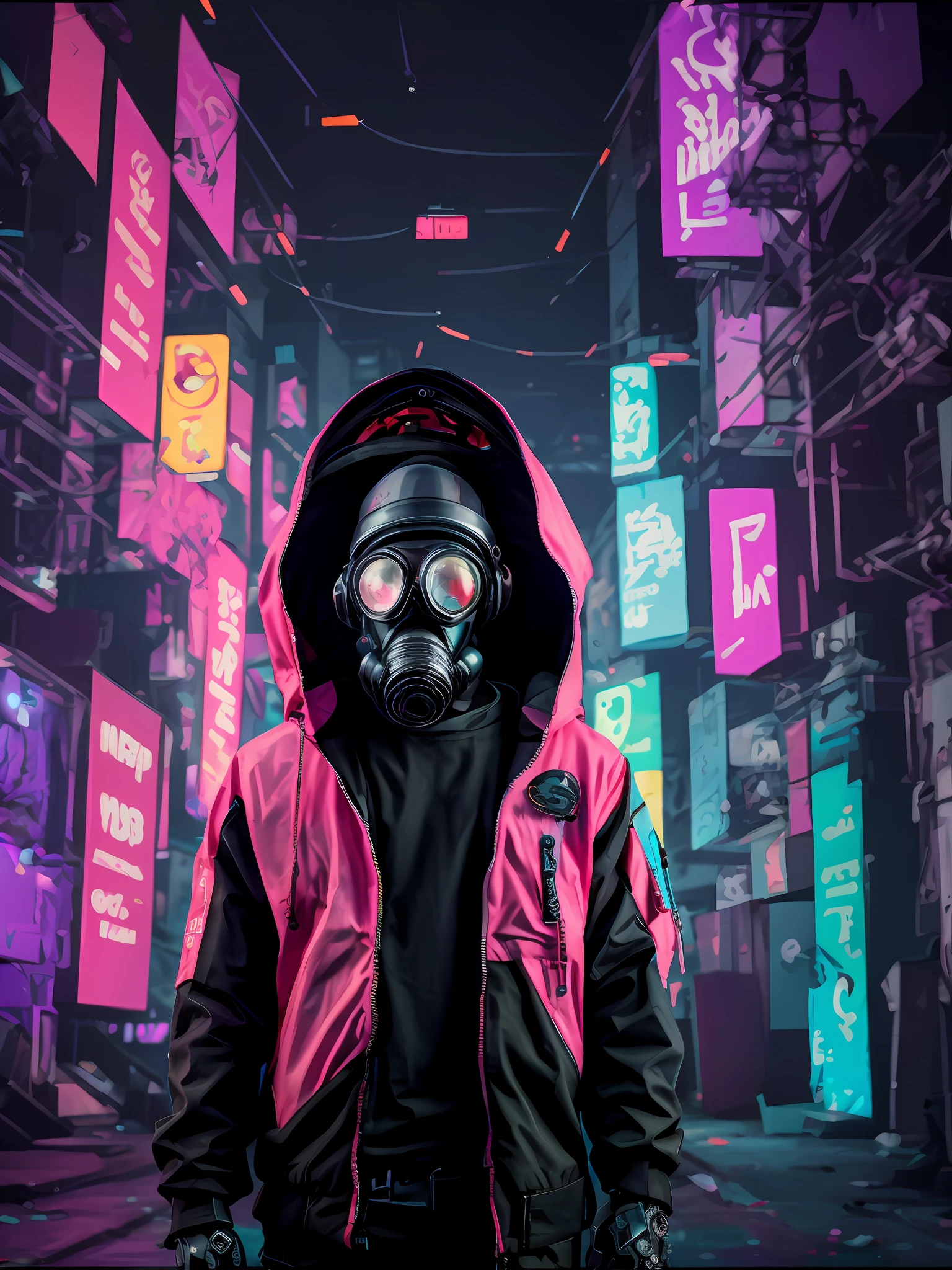 Un primer plano de un hombre con una chaqueta cyberpunk, cyber implants, y un estilo Techwear Occultist. The man wears a gas mask. It's in a dark alley with colorful neons behind it.