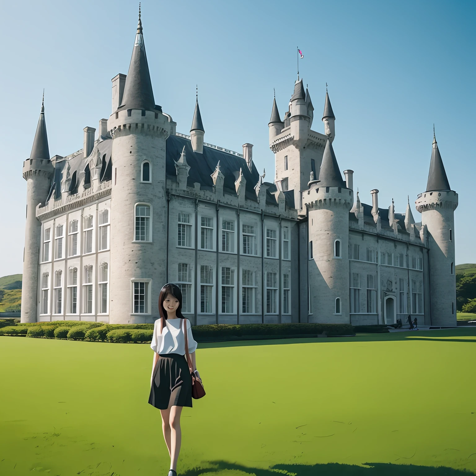 a beauty girl。on a grassy field,There is a white castle in the back --auto