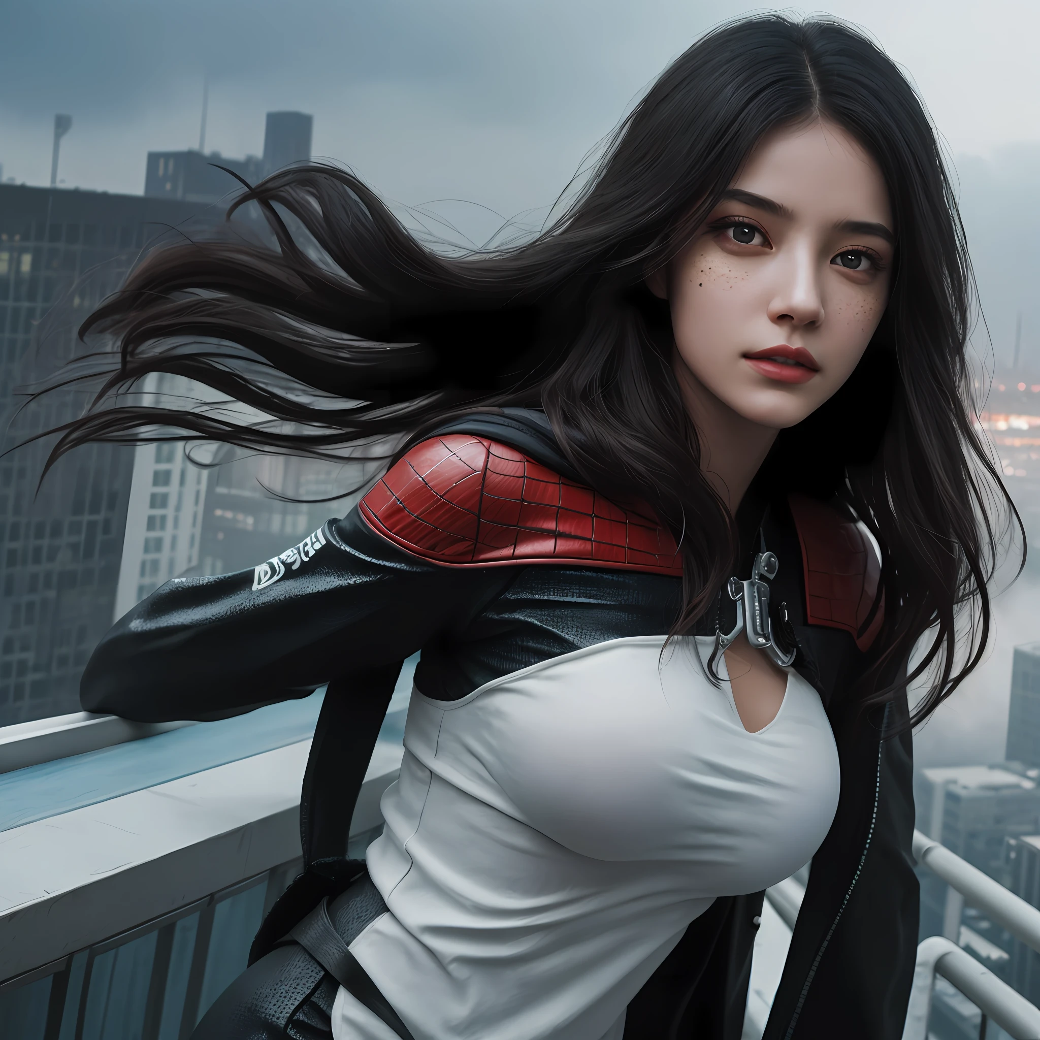 (1girl:1.3), Solo, (((Very detailed face)))), ((Very detailed eyes and face)))), Beautiful detail eyes, Body parts__, ((big breast)), Unified 8k wallpaper, Super detailed, beautiful and beautiful, beautiful, masterpiece, best quality, original, masterpiece, super fine photo, best quality, super high resolution, realistic realism, sunlight, full body portrait, amazing beauty, dynamic pose, delicate face, vibrant eyes, (from the front), She wears venom suit, red and black color scheme, spider, very detailed city roof background, rooftop, overlooking the city, detailed face, detailed complex busy background, messy, gorgeous, milky white, highly detailed skin, realistic skin details, visible pores, clear focus, volumetric fog, 8k uhd, DSLR, high quality, film grain, fair skin, photo realism, lomography, futuristic dystopian megalopolis,