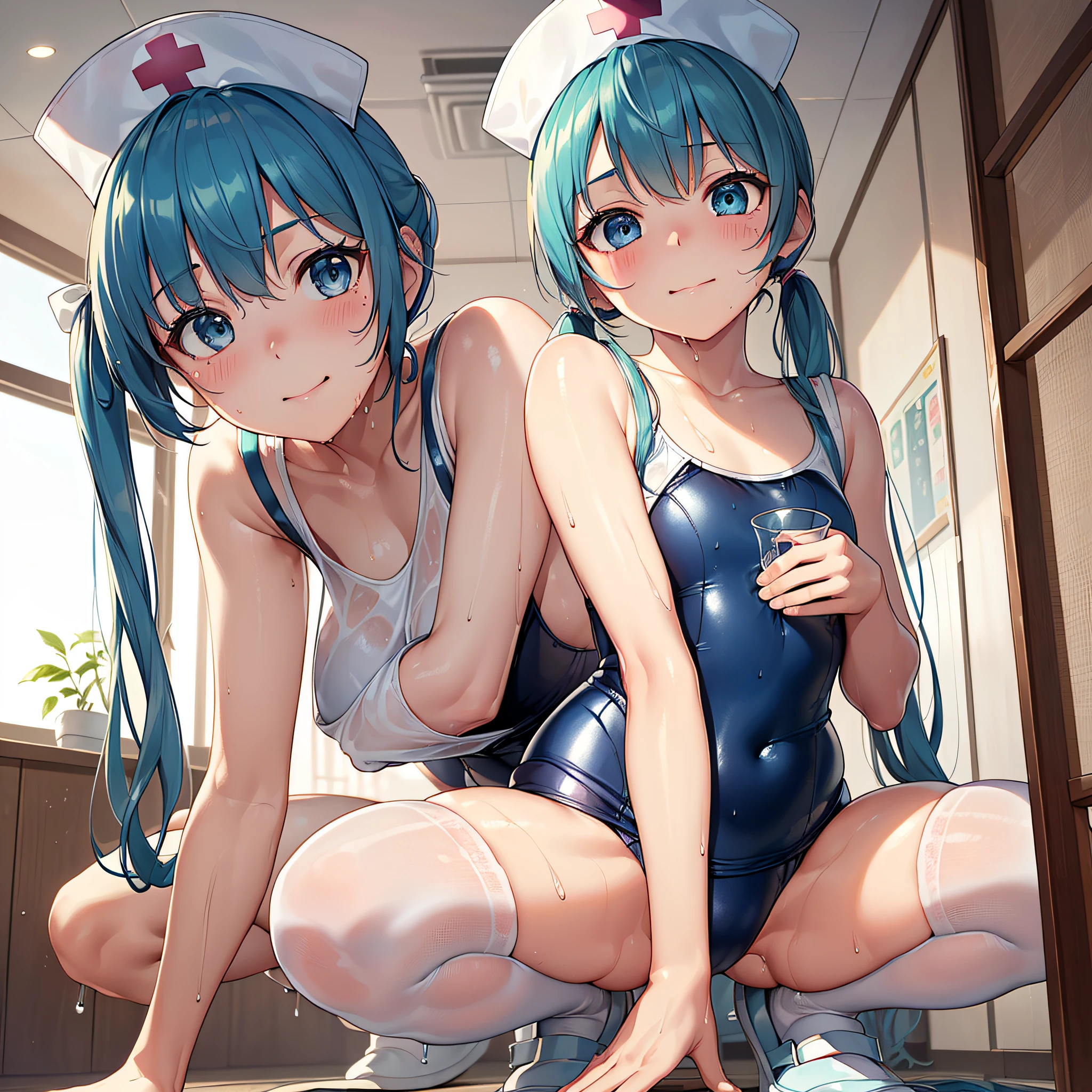 (masterpiece, best quality, 8k wallpaper:1.2 ), ultra detailed, absurdres, highres, long blue-green twintail hair, (hatsune miku:1.3), ((7 yo)), full body, ((1girl, solo, 1panel)), (flat chest), (((glossy slippy smooth texture {blue|black} one-piece japanese school swimsuit:1.3))), ((motherhood kind smile, head tilt:1.2, squinting eyes, wince, closed mouth)), (looking at viewer), too sweaty body, silky skin, beautiful eyes, beautiful smile line, big blue eyes, shiny hair, beautiful detailed eyes, beautiful detailed skin, beautiful detailed clothes), framed flat chest double breasts, flat chest under bust, too wet skin, too wet clothes, glossy skin, glossy clothes, skindentation, skin tight, thick thighs, on the hospital bed, portrait, cute face, kawaii, (((peeping shot from ceiling, flirting))), wide open legs, wide spread legs, squatting, get on your knees, realistic, realism, photorealistic, (((waterfall solid milk is dripping from the crotch))), both inner thighs, ((white nurse cap, too wet see-through too thin white over knee socks, white nurse shoes)), lower body focus from below, ((a lot of solid milk on crotch and thighs)), arms down forwards, upper body backwards, lower body forwards, (An erotic nurse dedicated to squeezing the first), (((holding short small shot glass with solid milk))), petit, short legs, short arms, being stumpy, child girl, loli child, loli, lolicon, toddler:1.1, (too oily clothes:1.2, too oily skin:1.2), (extremely detailed beautiful skin:1.2, extremely detailed beautiful clothes:1.2, extremely detailed beautiful face:1.2, extremely detailed beautiful eyes:1.2), ceiling, flirting