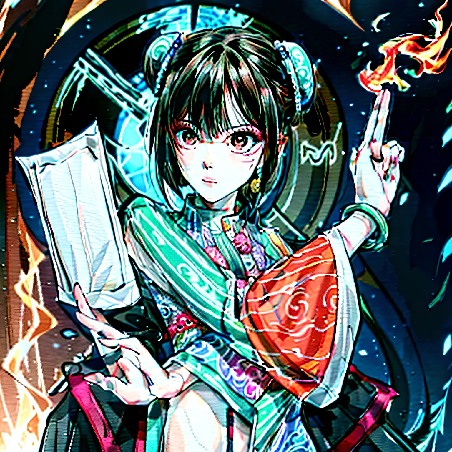 A close-up of a person holding a piece of paper，There is fire inside, in an anime style, bian lian, official fanart, demon slayer rui fanart, pixiv contest winner, inspired by Ju Lian, Inspired by Gai Qi, inspired by Park Hua, inspired by Takehisa Yumeji, inspired by Luo Ping, as an anime character, with index finger