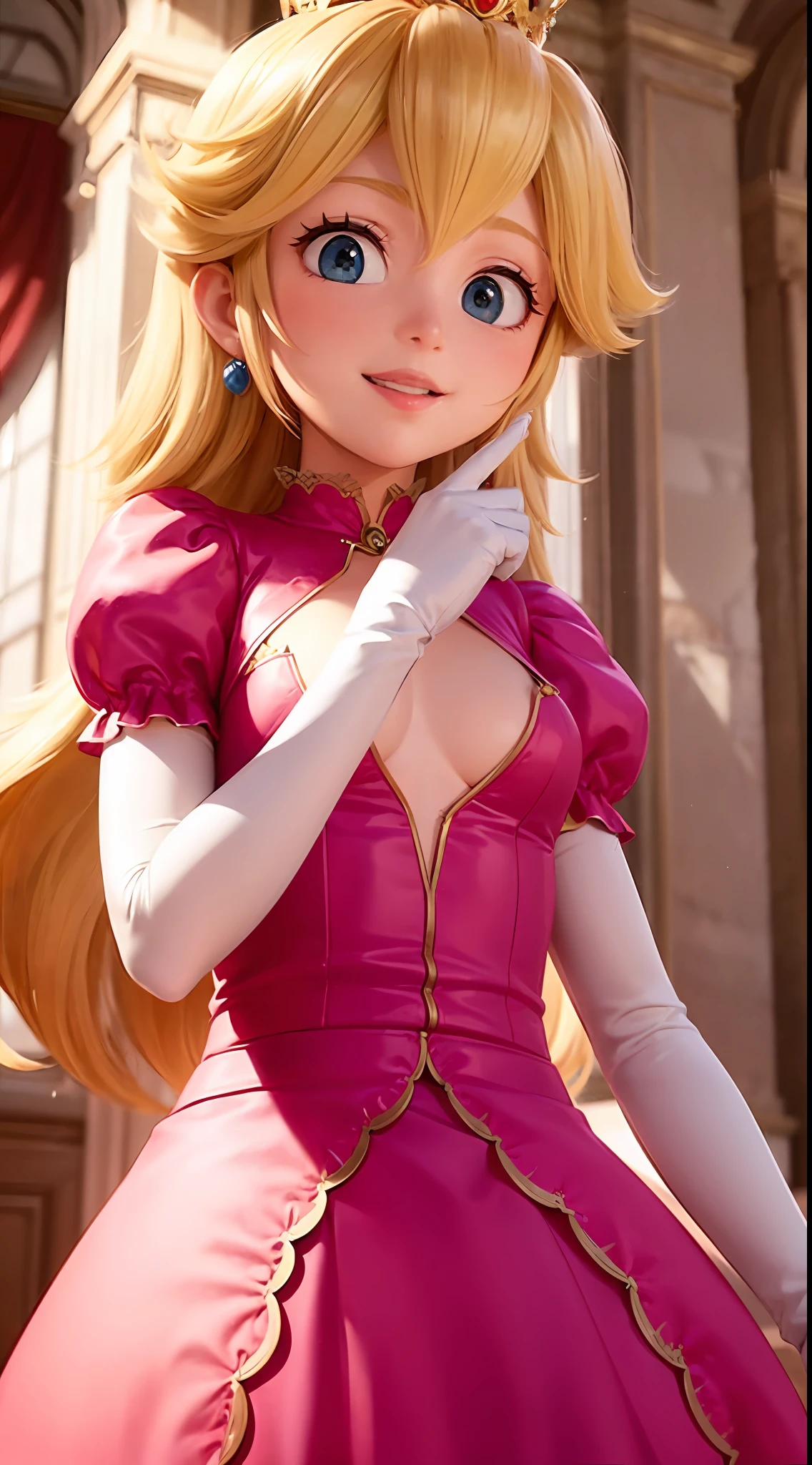 (Inside a castle setting,)  A petite Princess Peach wearing a beautiful hot pink dress, she is gentle and compassionate and is shown smiling gently, she is over 6 feet tall and wears a golden crown atop her blond hair and white gloves. With a focus on her alluring chest, she is depicted in a close-up shot from below.