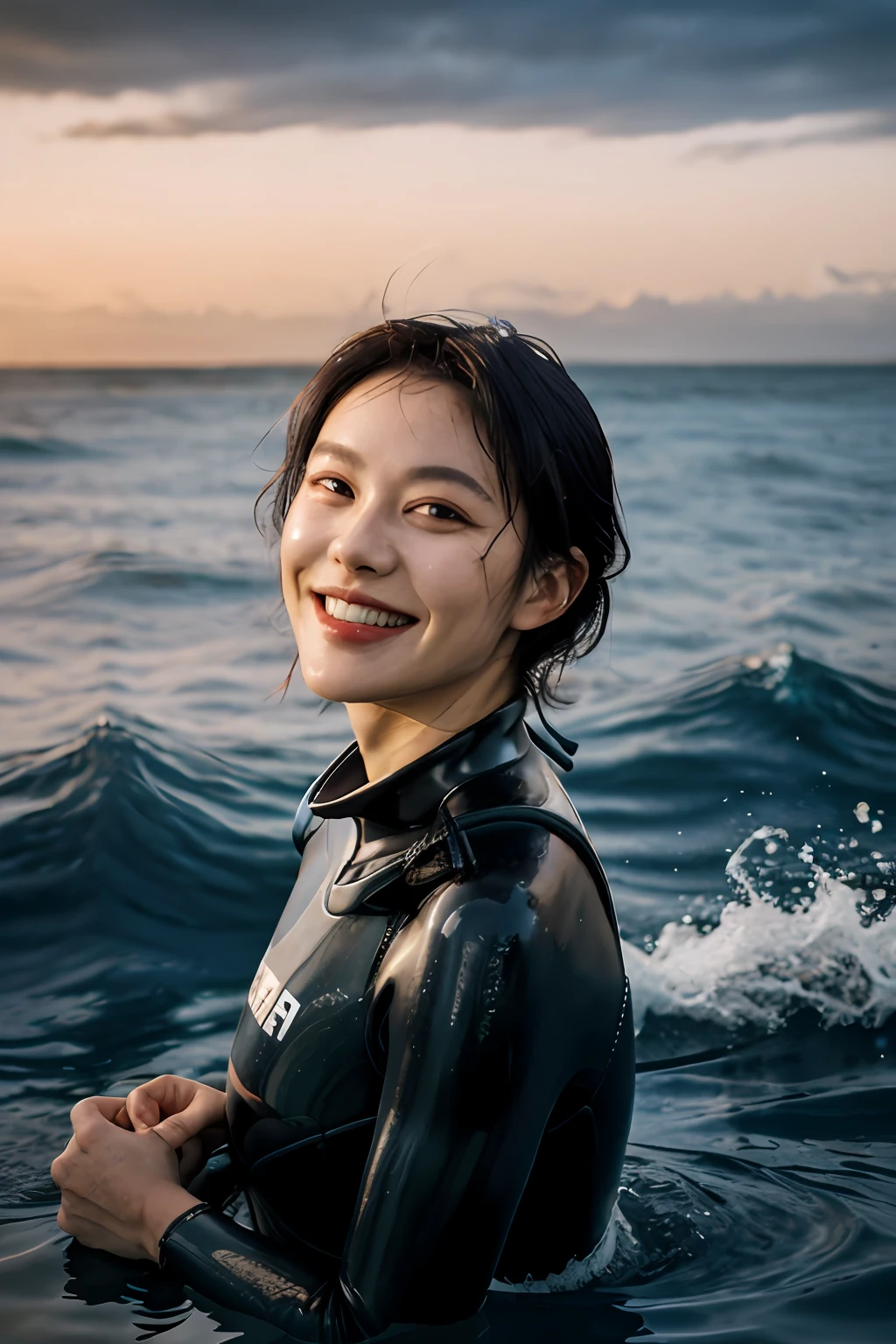 1girl, portrait, face, depth of field, smile, wetsuit, sea, evening, afloat, waves,