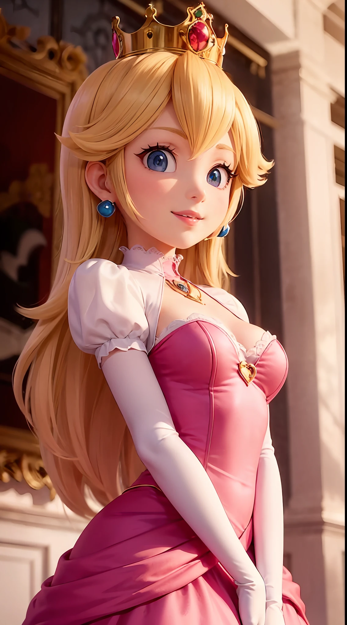 (Inside a castle setting,) A ite Princess Peach wearing a beautiful hot pink dress, she is gentle and compassionate and is shown smiling gently, she is over 6 feet tall and wears a golden crown atop her blond hair and white gloves. With a focus on her alluring chest, she is depicted in a close-up shot from below.