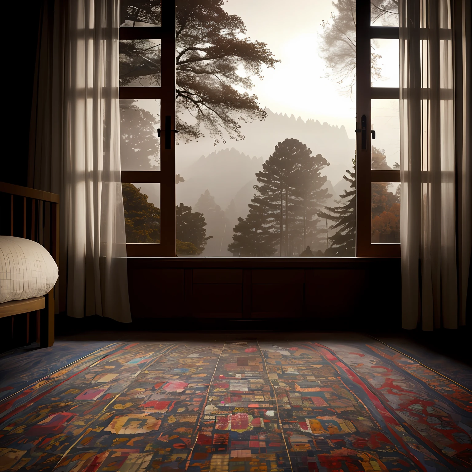 Rocky mountains(Faraway view),Wood-paneled house(Faraway view),woodland,