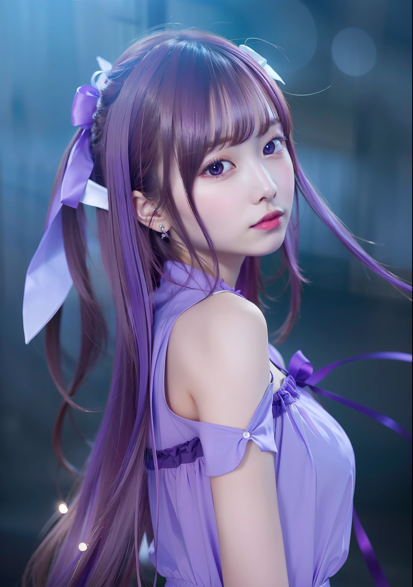 anime girl with long purple hair and purple dress with purple bow, guweiz, made with anime painter studio, smooth anime cg art, asuna yuuki, anime visual of a cute girl, anime style like fate/stay night, cute anime waifu in a nice dress, asuna from sao, anime girl with long hair, painted in anime painter studio, 1girl, realistic, ultra detail, photography,