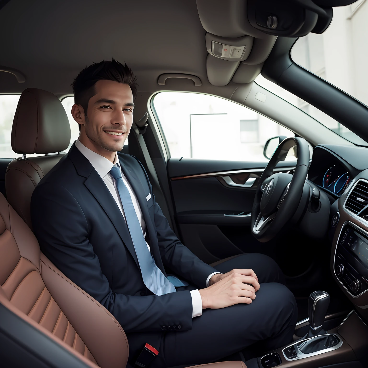 wearing a suit and a tie, Male model，Smile, Minimalism, inside car，On the go， stereograms, hyper HD, Best quality, High details --auto