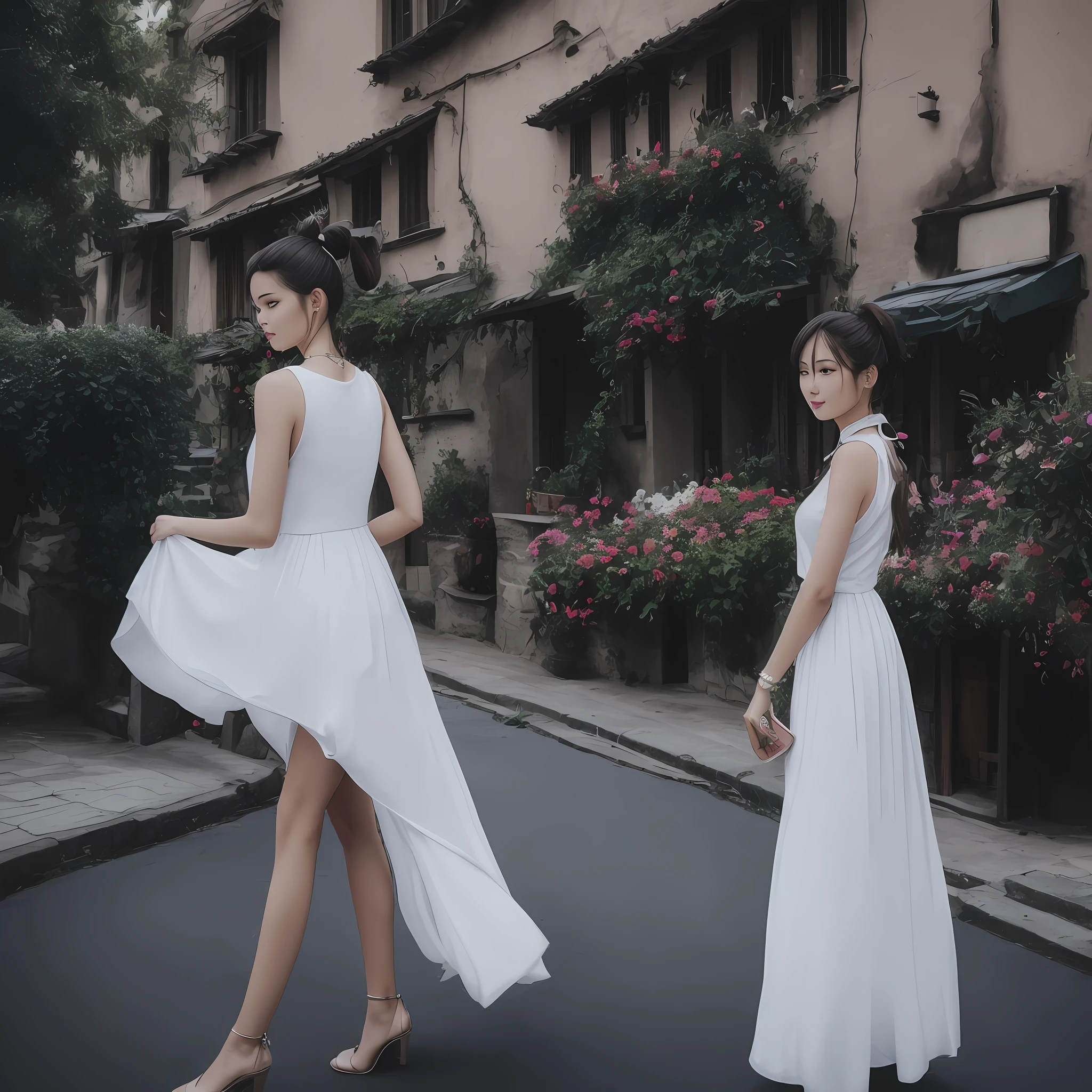 Dressed in white，The upper part of the body，White ponytail，Beautuful Women，The village is flatter --auto