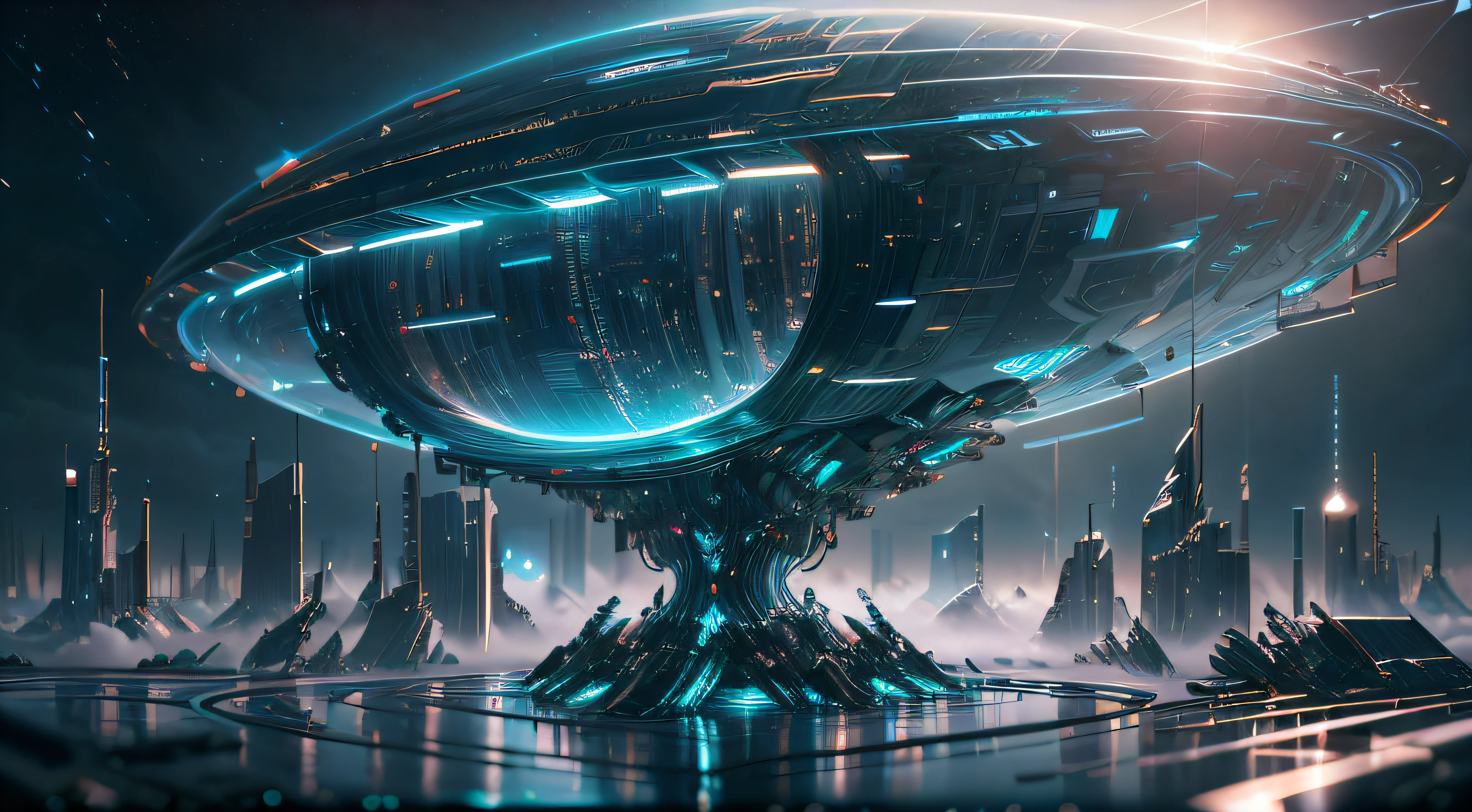 a future city, (Super detail: 1.4), cyberpunk, light, mist, many spaceships, future science and technology spaceship, future technology car, starry sky, CG style, hd wallpaper, cg art, 3D art, Surrealism, photorealistic, cinematic lighting, reflection light, atmospheric perspective, panorama, fisheye, lens flare, bokeh, Surrealism, UHD, super detail, award winning, high details, 8k
