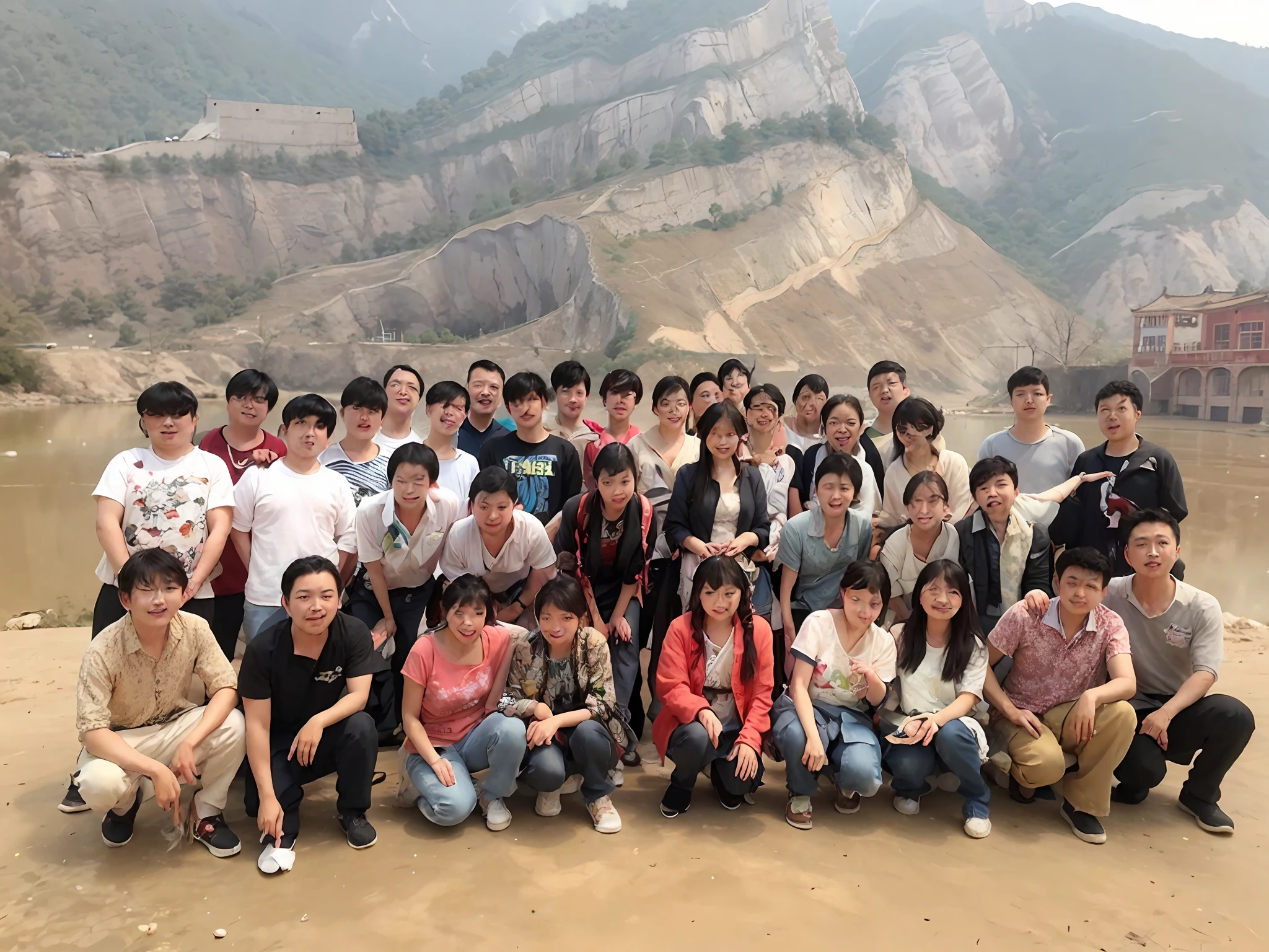 A group of Arafelds posed for a group photo in front of the mountain, Group photo, with many travelers, from china, jinyiwei, Wu Liu, xue han, In a dusty open-pit mine, Qiu Fang, wei wang, guangjian huang, the great wall, qiangshu, with the mountains in the background, Yan, xiang duan