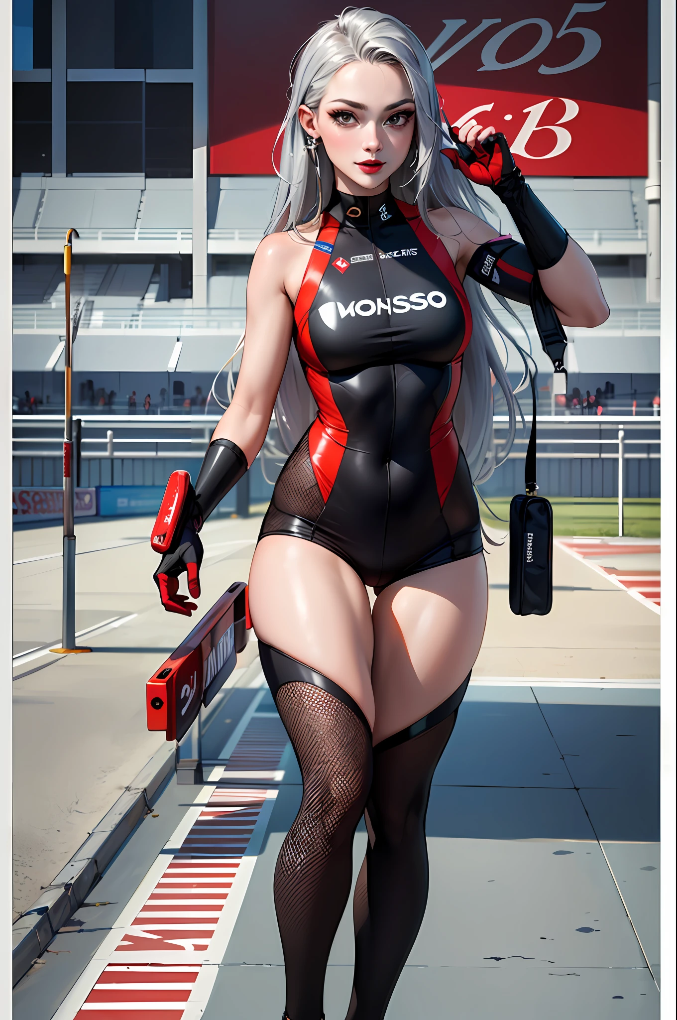 (masterpiece:1.4)、(top-quality:1.4)、
1girl in, Bewitching Grid Girl, Long silver hair, looking at the viewers, 独奏 ,realisitic,(shinny skin),(masterpiece:1.4),(top-quality:1.4),red-lips、Racetrack