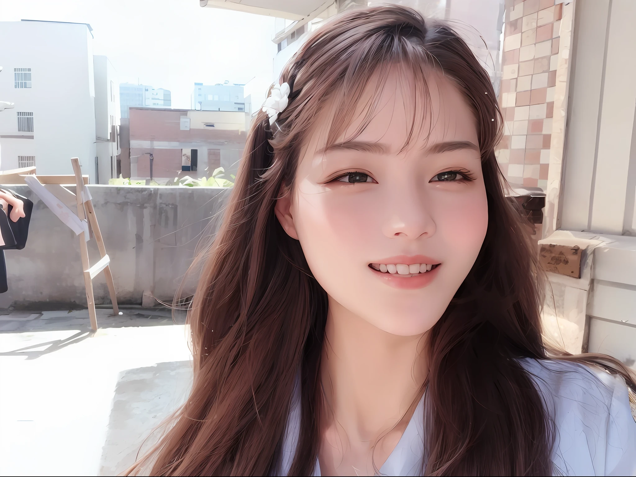 best quality, masterpiece,white hair, gold eyes,white clothes, looking up, upper body,hair strand,Fair skin,side braids