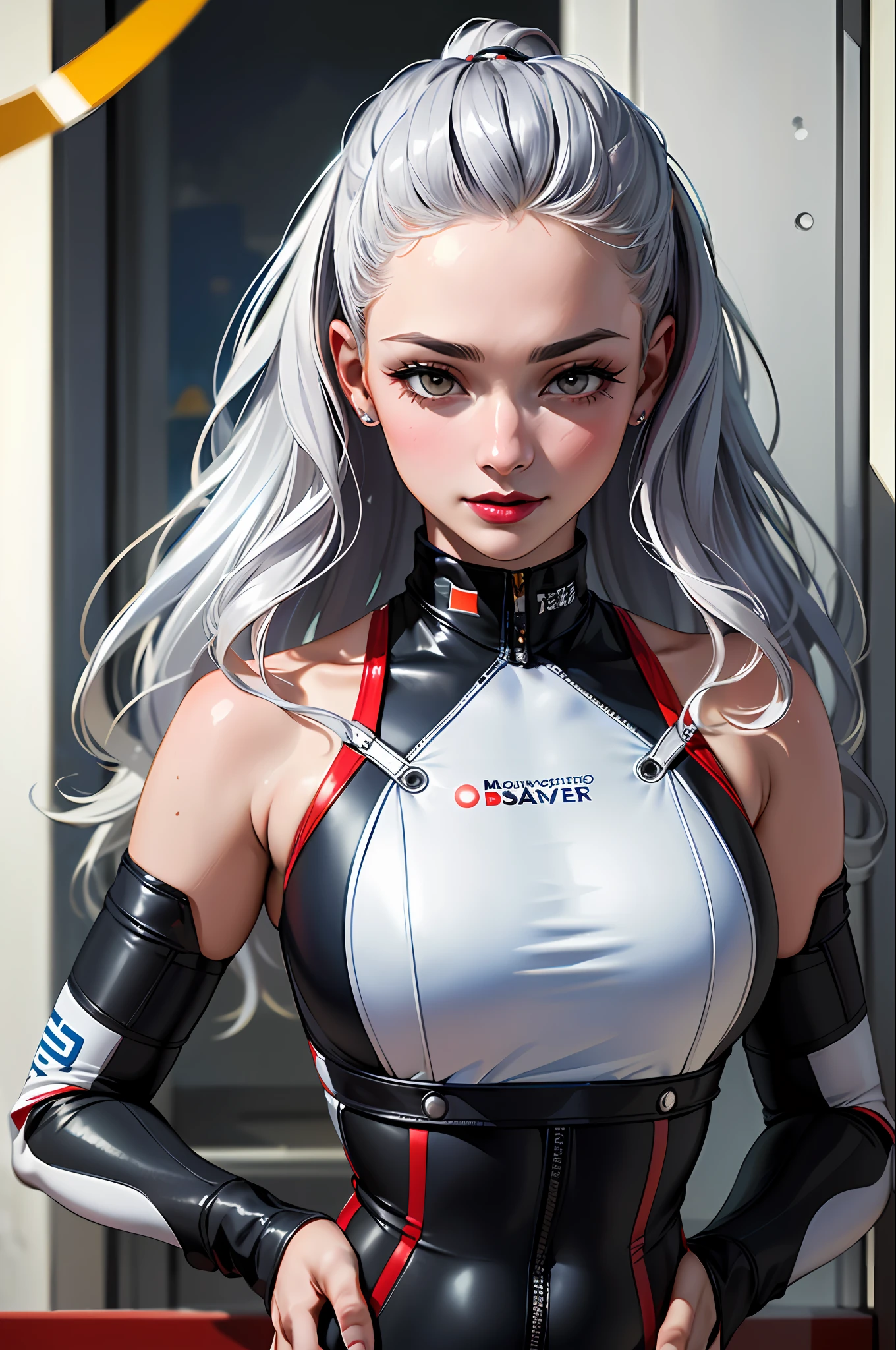 (masterpiece:1.4)、(top-quality:1.4)、
1girl in, Bewitching Grid Girl, Long silver hair, looking at the viewers, 独奏 ,realisitic,(shinny skin),(masterpiece:1.4),(top-quality:1.4),red-lips、Racetrack