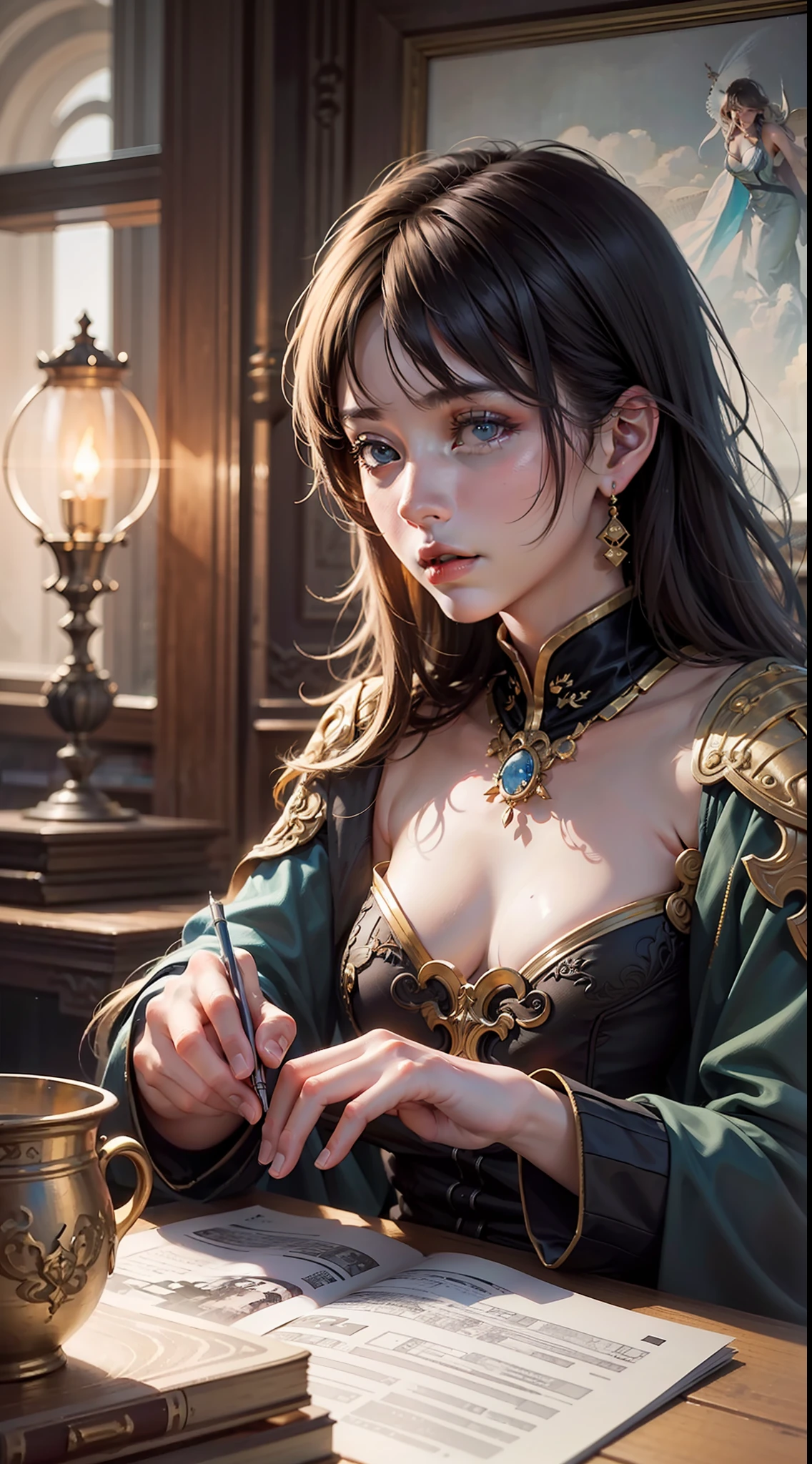 (RAW photo, best quality), (realistic, photo-realistic:1.3),best quality,highly detailed,masterpiece,ultra-detailed,illustration,1girl,upper_body,dynamic angle,world masterpiece theater,messy_long_hair,best quality,extremely detailed CG unity 8k wallpaper,ink,Amazing,cinematic lighting,lens_flare, dunhuang_style