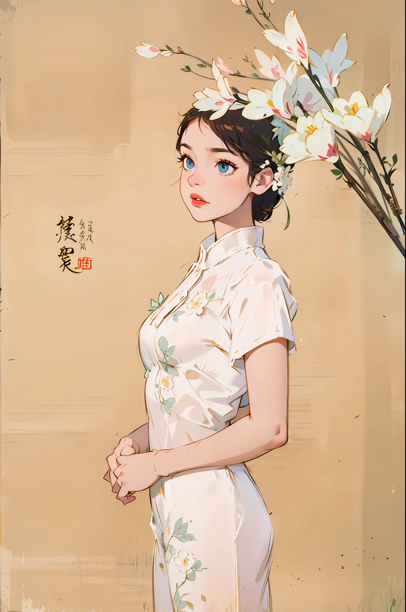 there is a woman that is sitting in the grass with a hat, standing in flower field, in a field with flowers, standing in flower field, in a field of flowers, With flowers, Girl in a flower field, on the garden, xintong chen, girl frontal in a flower field, Profile picture, woman standing in flower field, Profile image