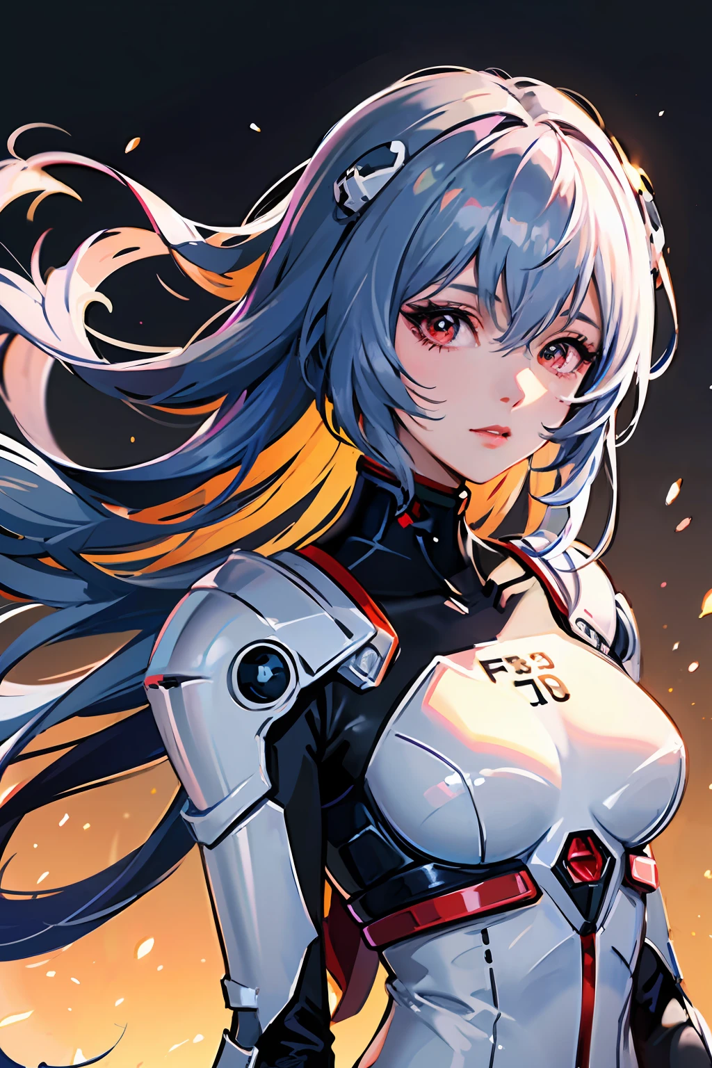 ((masuter piece)),top-quality, illustratio, beatiful detailed eyes, beautiful detailed hair, Floating hair, 1girl in, Ayanami, shorth hair, s Armor, deadpan, skiny, 独奏, turtle neck, body suit, mechs, 城市, a park