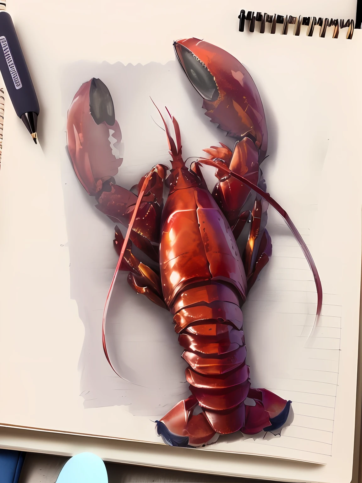 Someone is drawing lobster in a notebook with a pencil, lobster, Pen sketch, Ink sketch, ink pen sketch, pen on paper, crustacean, Jordan Peterson as Lobster, author:Tom Wenerstrand, detailed but rough, found doodled in a sketchbook, on a notebook page, drawn on paper, highly detailed sketch, lobster themed armour