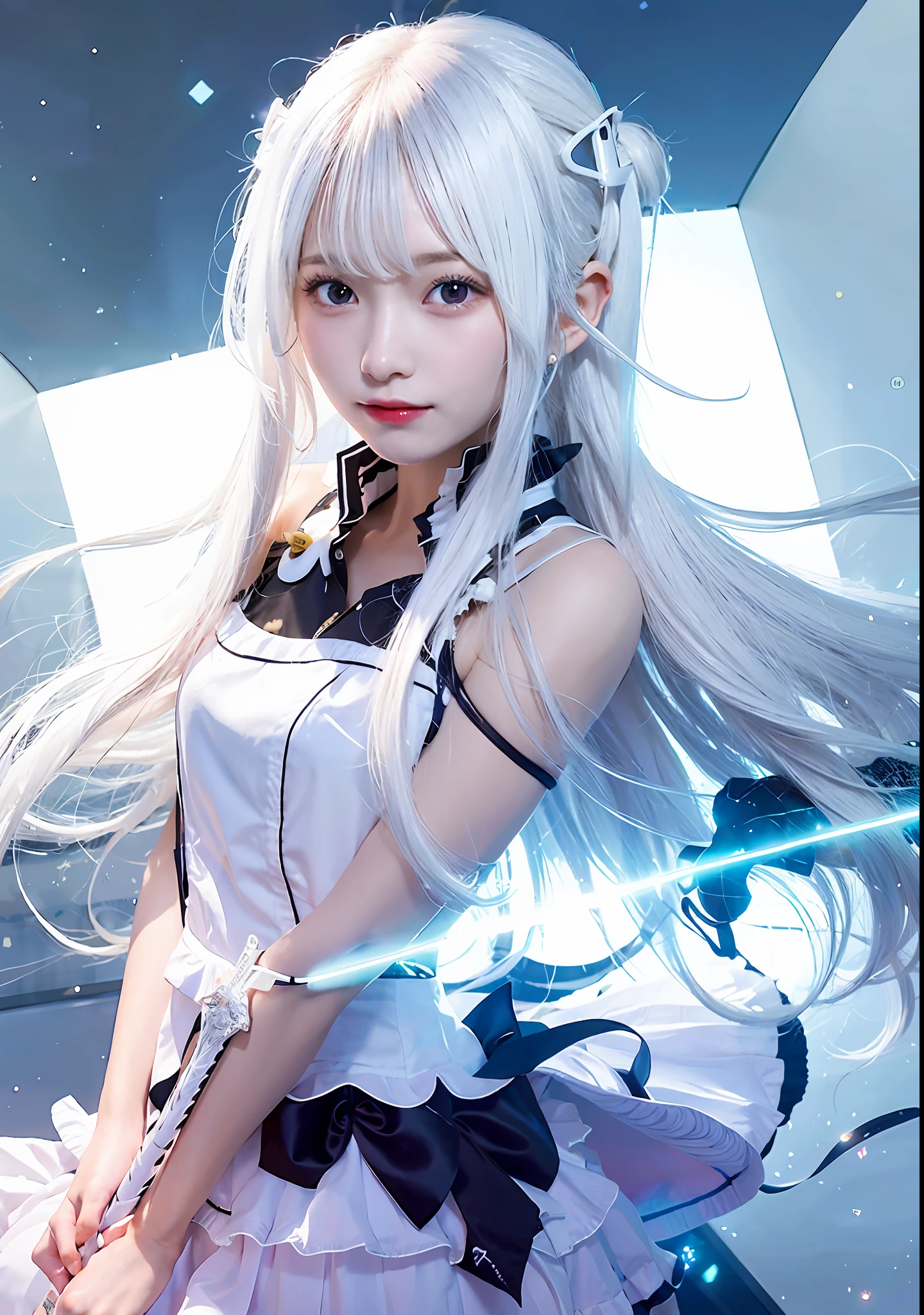 anime girl with long white hair and blue eyes holding a sword, perfect white haired girl, white haired deity, white haired, girl with white hair, blonde anime girl with long hair, anime goddess, white-haired, beautiful anime girl, anime best girl, epic light novel art cover, from the azur lane videogame, female anime character, anime girl with long hair, 1girl, realistic, ultra detail, photography,