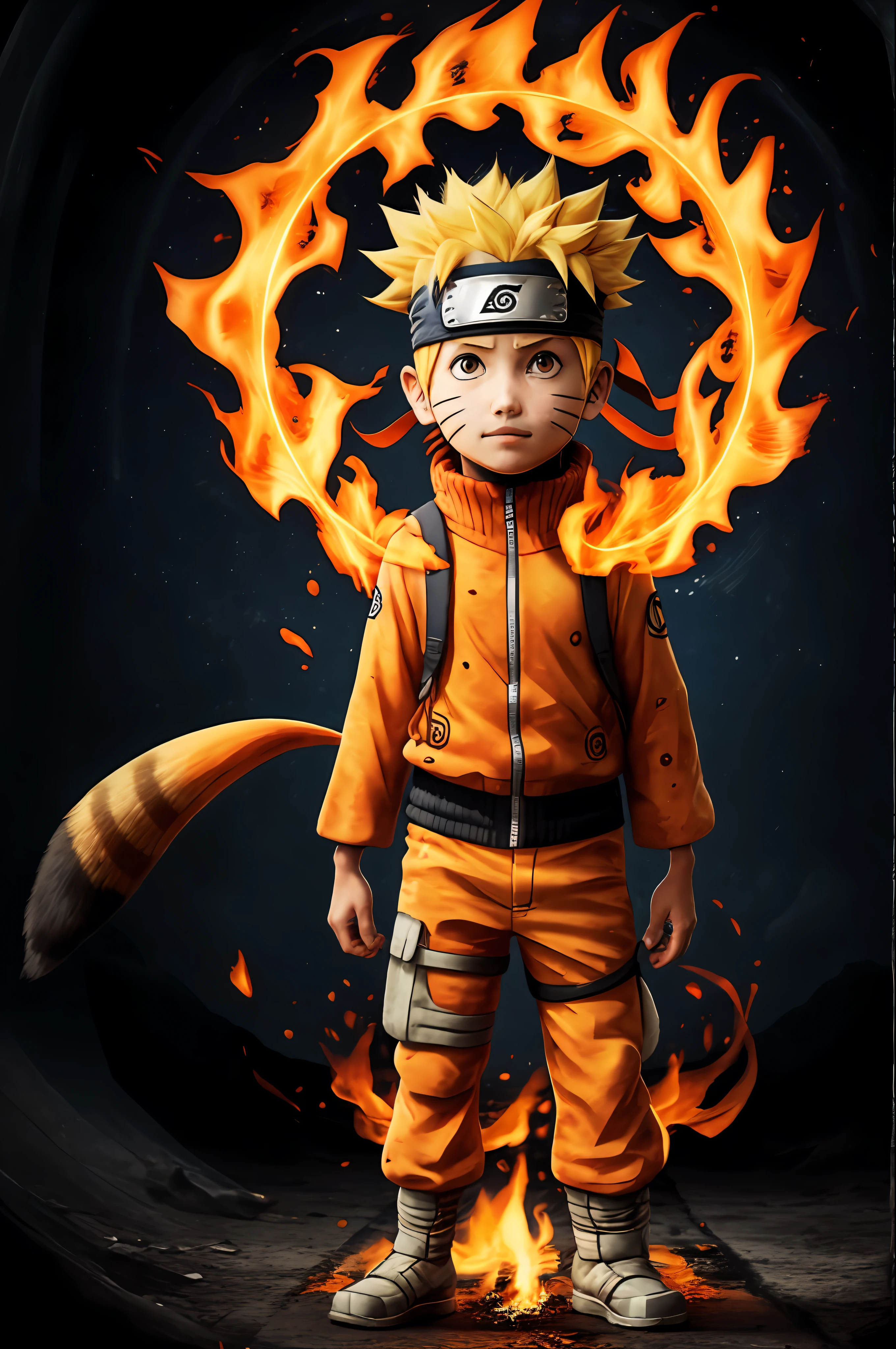 Naruto,1boy, black_background, fire, 9 fox tails,