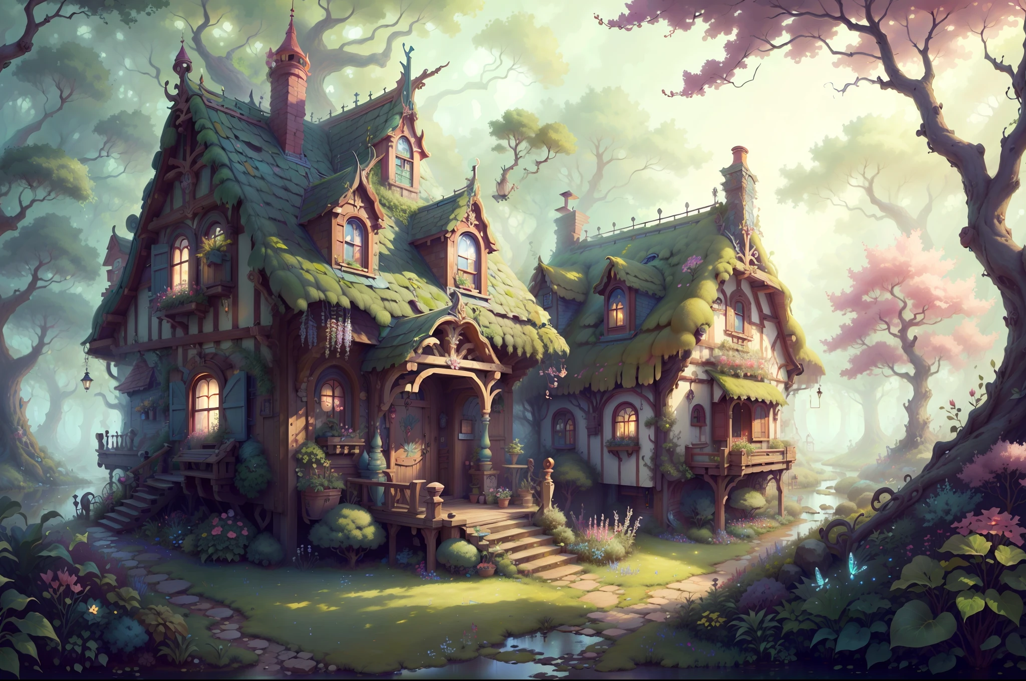 FairyTaleAI  masterpiece, trending, 8K .cottage was nestled among the trees and surrounded by a beautiful garden filled with colorful flowers.