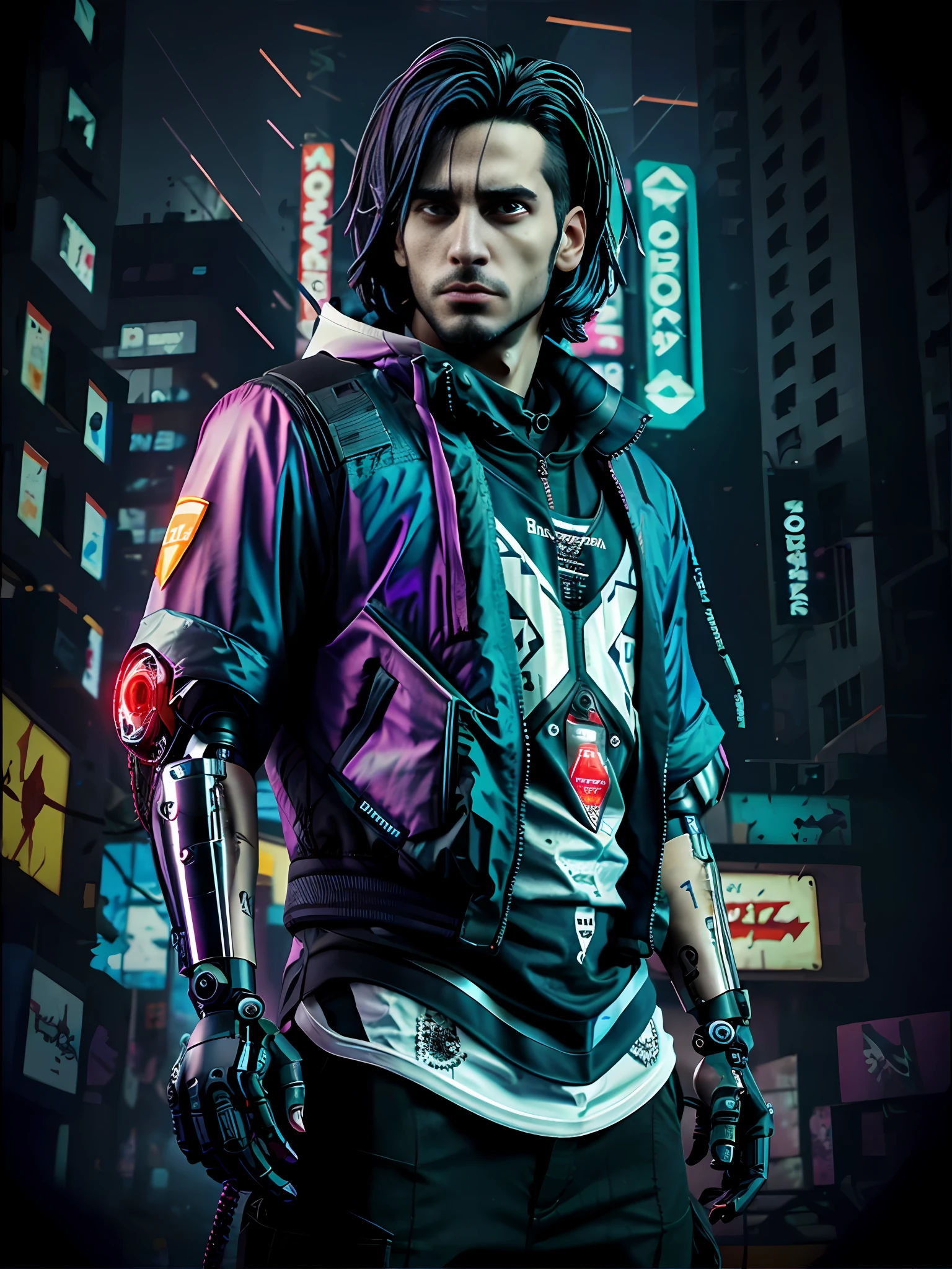 A close-up of a psychotic man in a cyberpunk jacket, with cybernetic implants and a gun. The style must be futuristic and technological, Like you're in a dystopian sci-fi world. Lighting should be dark with cybernetic and neon tones. El hombre debe tener un aspecto despiadado y peligroso, con una mirada fija y amenazante en sus ojos.