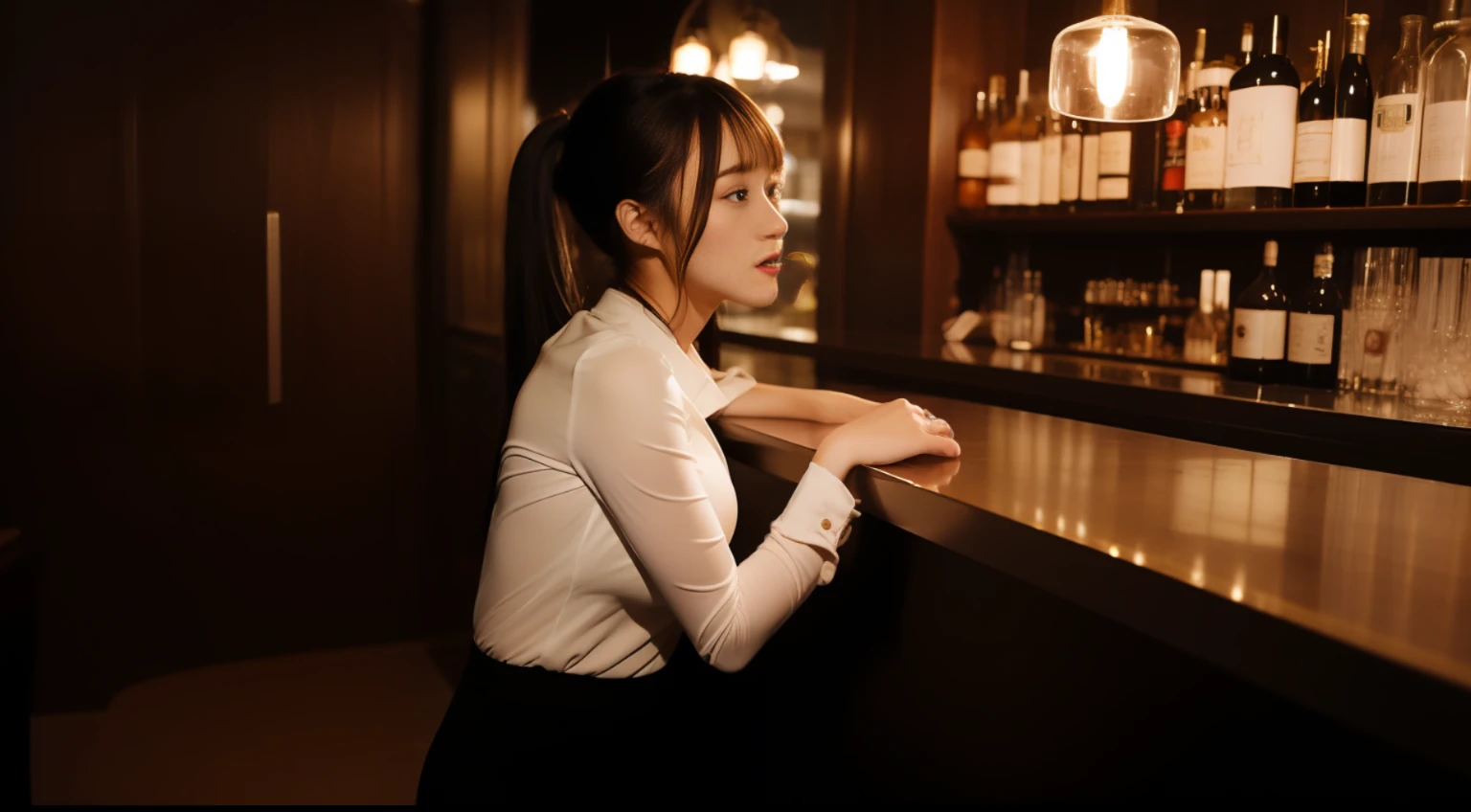 Bar at night,Oriental women,20yr old,Raised y,Half-exposed cream black tight skirt,Moderate chest,best qualtiy, tmasterpiece, 超高分辨率, (realisticlying:1.5)