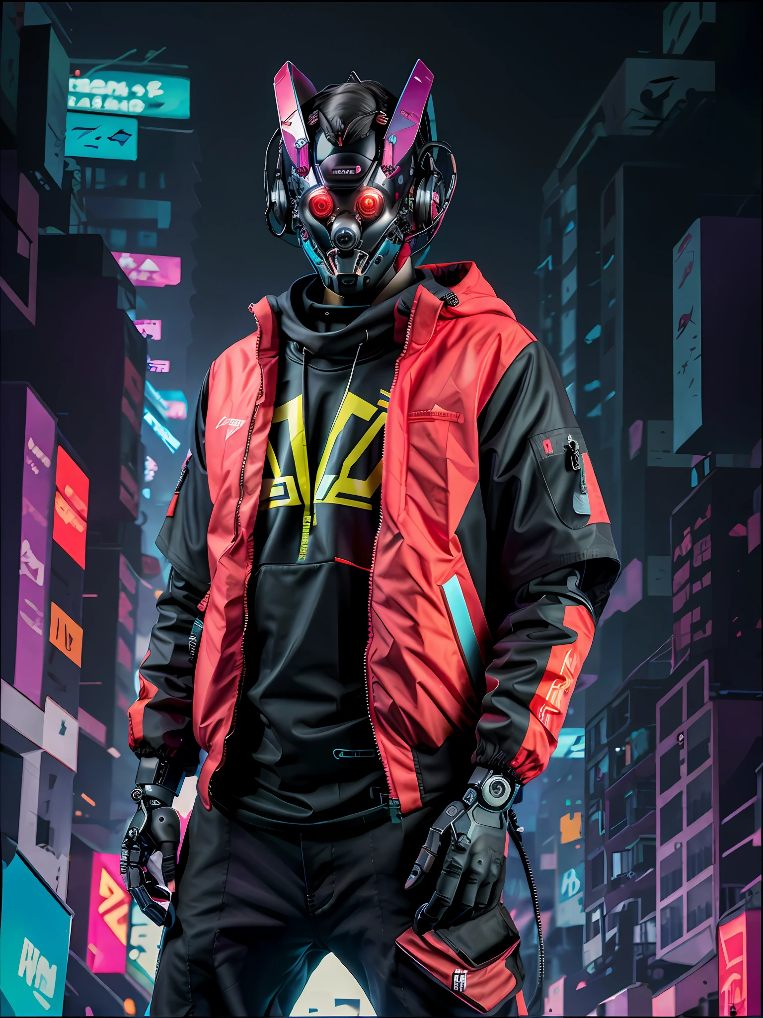 A close-up of a psychotic man in a cyberpunk jacket, with cybernetic implants and a gun. The style must be futuristic and technological, Like you're in a dystopian sci-fi world. Lighting should be dark with cybernetic and neon tones. El hombre debe tener un aspecto despiadado y peligroso, con una mirada fija y amenazante en sus ojos.