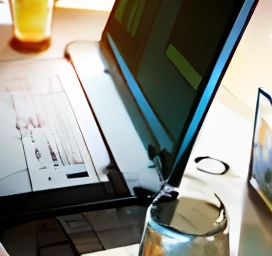 There is a glass of water next to the laptop, stunning  visuals, laptop, unwind!, screen shot, Illustrator, Drinking, --auto
