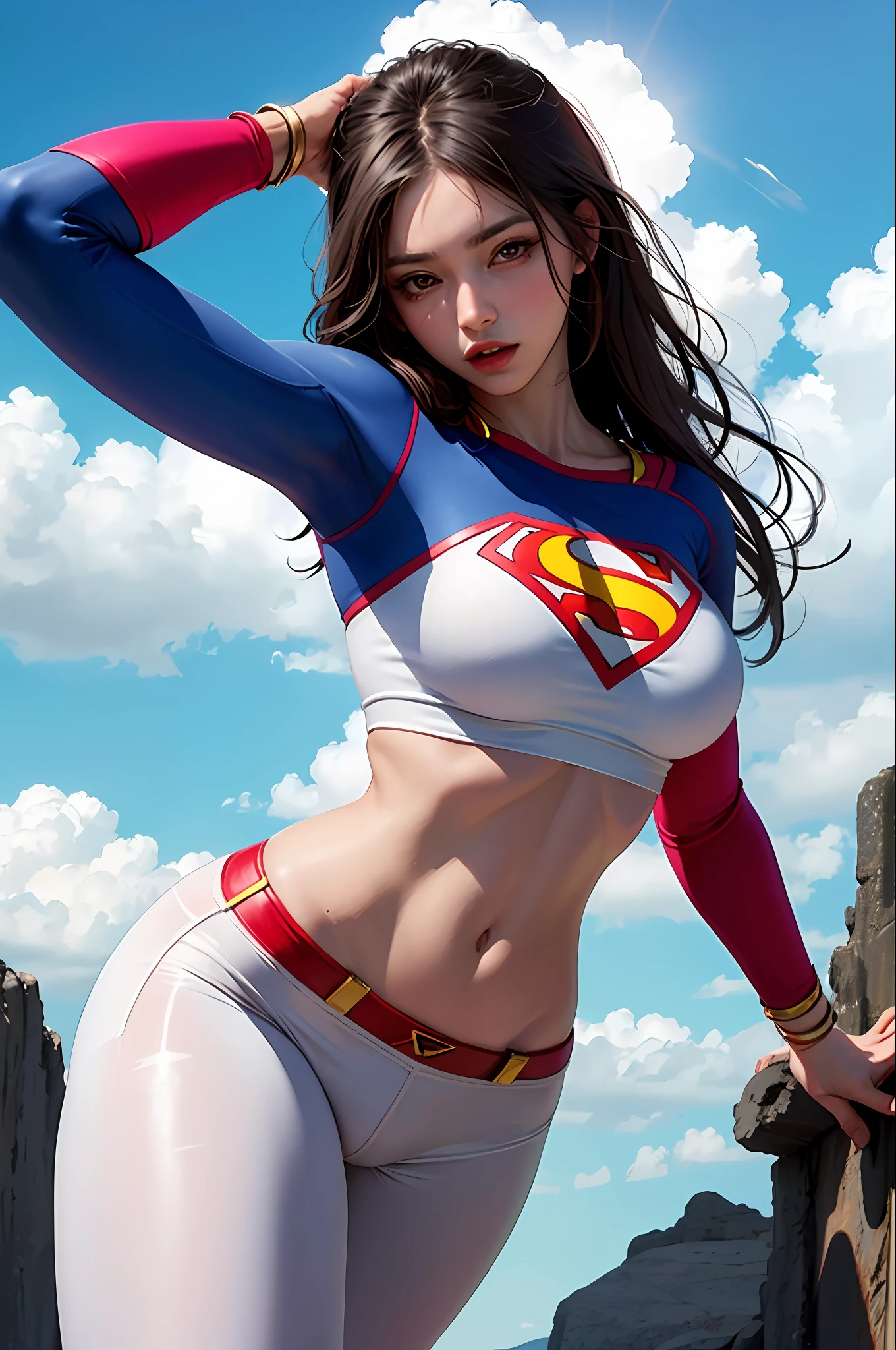 realista, high-resolution, 1 menina, cabelo ondulado loiro, coreano, olhos azuis heterocromados, pequenas pintas sob os olhos, baggy white shirt wearing superman's S symbol on his chest, yoga pants, seios grandes, pernas longas, abdominais apertados, Dedos de camelo, sexually bit her lip, menina loira.