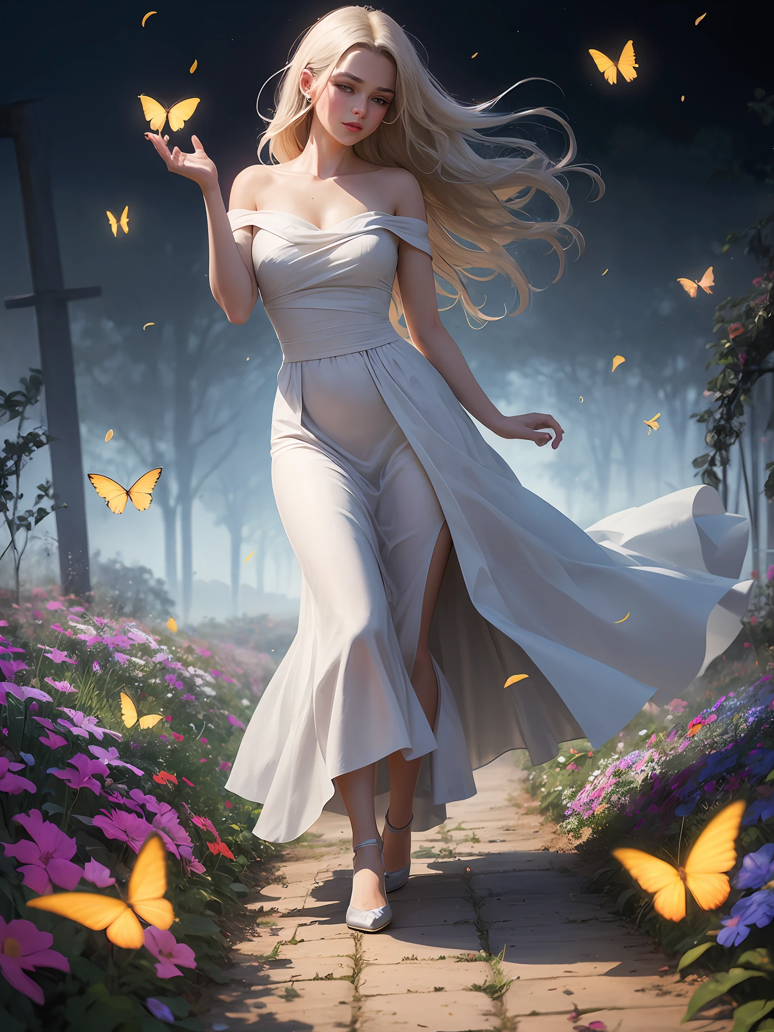 1girl, solo, full body, (masterpiece:1.21), (best quality:1.2), colorful, (illustration:1.2), (cinematic lighting:1.1), (bare shoulders:1.21), (collarbone:1.21) in this whimsical A beautiful and dreamlike garden, the scene is illuminated by a rainbow (colorful fireflies) dancing in the air. Pastel (drizzle) adorns the garden, creating a hazy and ethereal atmosphere. In the center of the picture, stands a single girl, an extremely beautiful girl, with lovely facial features and an innocent expression. Her long hair fluttered in the wind. She wore a low-cut strapless dress that accentuated her curves. The lighting is very delicate and beautiful, creating a soft warm glow that accentuates the water and makes it sparkle like a diamond. The finest grasses are also illuminated to create a lush carpet. The garden is surrounded by colorful flower fields with flowers of all colors and shapes. Various colors and sizes (coloured butterflies) can be seen flying around the scene, adding to the overall sense of wonder and magic. (Everyone, judges), a blush can be seen on the bridge of the nose, and the mouth is slightly opened, which adds to the overall sense of innocence and youth. Falling petals can be seen waving around her, adding to the overall sense of romance and beauty. The breeze is blowing, the leaves are rustling, and the flowers are swaying, adding to the overall dynamism and vitality. It is a scene of pure wonder and magic, full of color and beauty, where the viewer can lose themselves in this enchanting and captivating world.