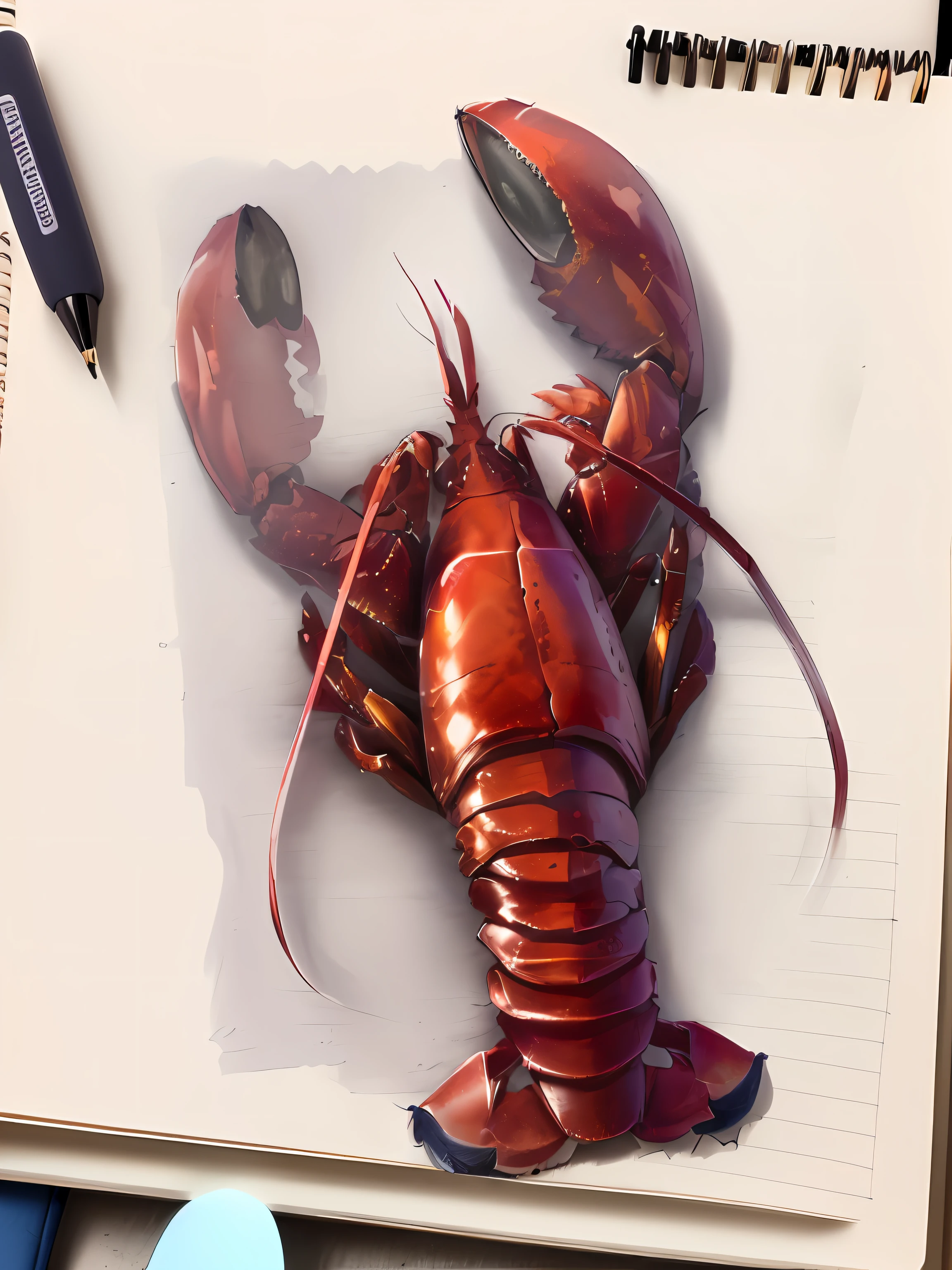 Someone is drawing lobster in a notebook with a pencil, lobster, Pen sketch, Ink sketch, ink pen sketch, pen on paper, crustacean, Jordan Peterson as Lobster, author:Tom Wenerstrand, detailed but rough, found doodled in a sketchbook, on a notebook page, drawn on paper, highly detailed sketch, lobster themed armour