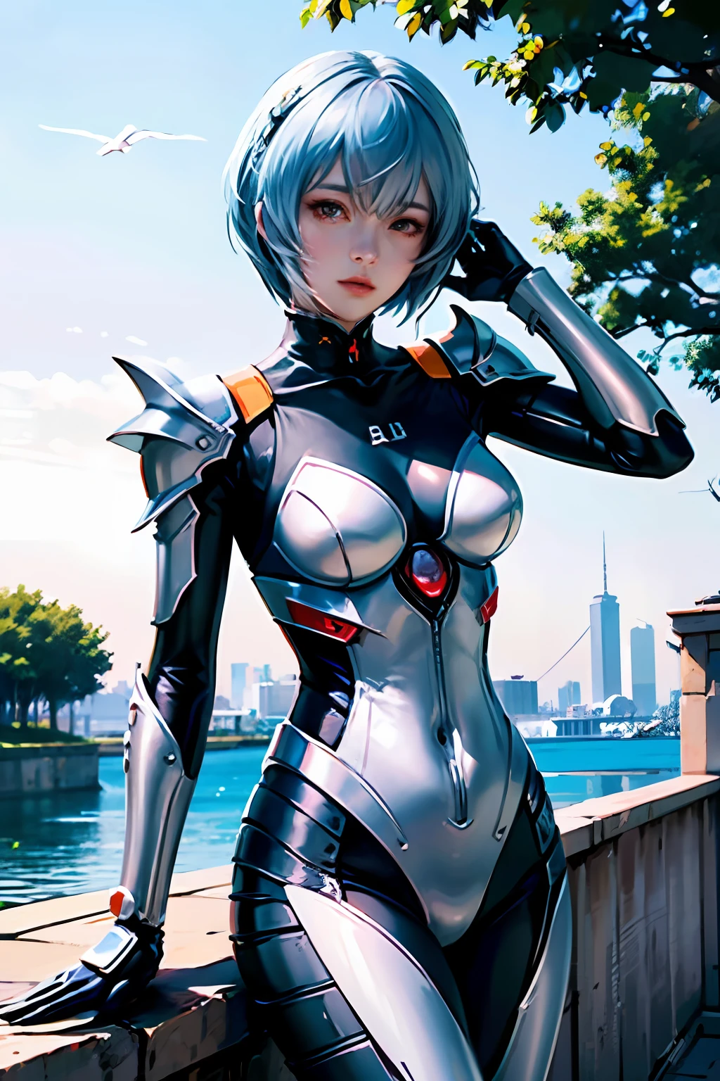 ((masuter piece)),top-quality, illustratio, beatiful detailed eyes, beautiful detailed hair, Floating hair, 1girl in, Ayanami, shorth hair, s Armor, deadpan, skiny, 独奏, turtle neck, body suit, mechs, 城市, a park