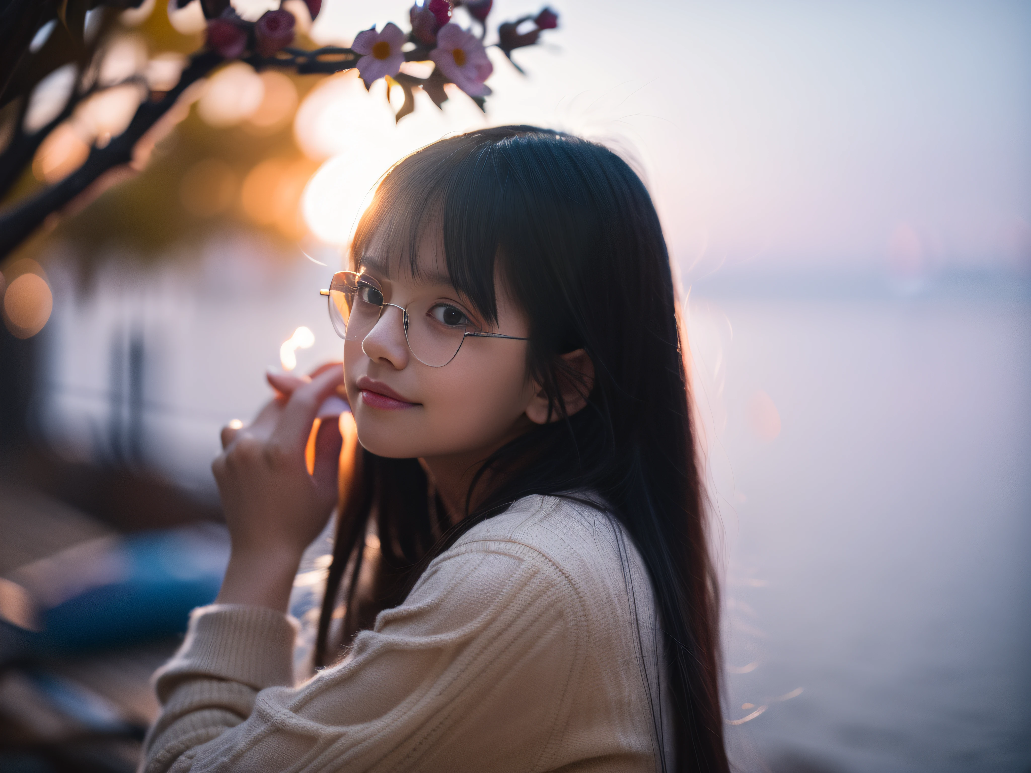 Best quality, masterpiece, super high resolution, wearing glasses, (smirk: 1.2), (BOBO head: 1.3), (waist up: 1.3), (film grain: 1.4), digital photography, bangs, cinematic lighting, (Fuji: 1.2), portrait, close-up of face, clear pores, 1 girl, looking at the viewer, simple background (realistic: 1.2), natural light, outdoors