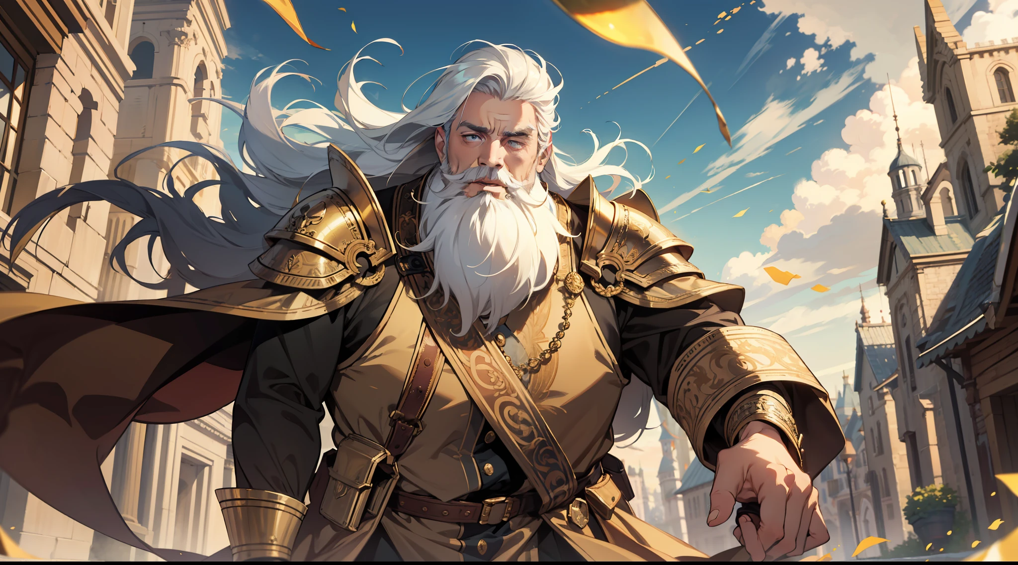 (absurderes,A high resolution),16k,slightly fat big breasts,large tall,1 man,Elderly,Long beard,White long hair,Gold armored barrel,Intricate attire,Ancient dress,(Open-mouthed:1.5),Golden light,magia,magic,Surrounded by golden streamers
