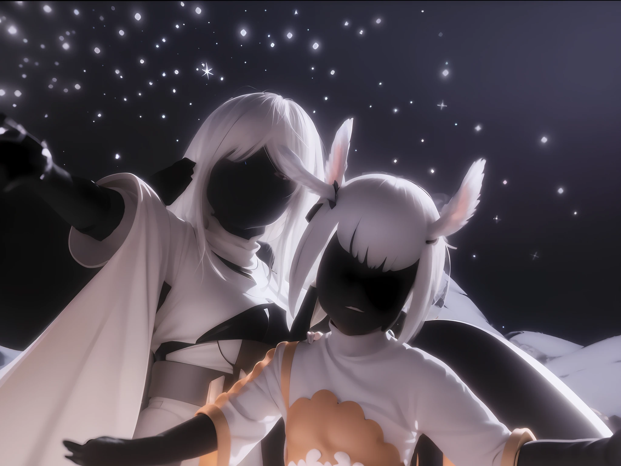 An anime character standing in front of the stars in period costume, Anime style. 8K, vrchat, anime styled 3d, hidari and vlop, From Arknights, nier inspired, 2 b, 2b, Neil 2 B, medium shot of two characters, Guviz-style artwork, style of anime4 K, rendered in sfm