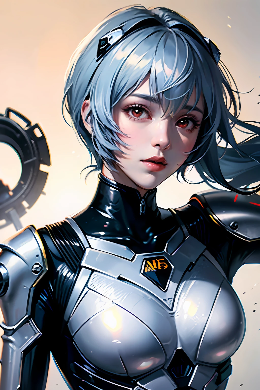 ((masuter piece)),top-quality, illustratio, beatiful detailed eyes, beautiful detailed hair, Floating hair, 1girl in, Ayanami, shorth hair, s Armor, deadpan, skiny, 独奏, turtle neck, body suit, mechs, 城市, a park