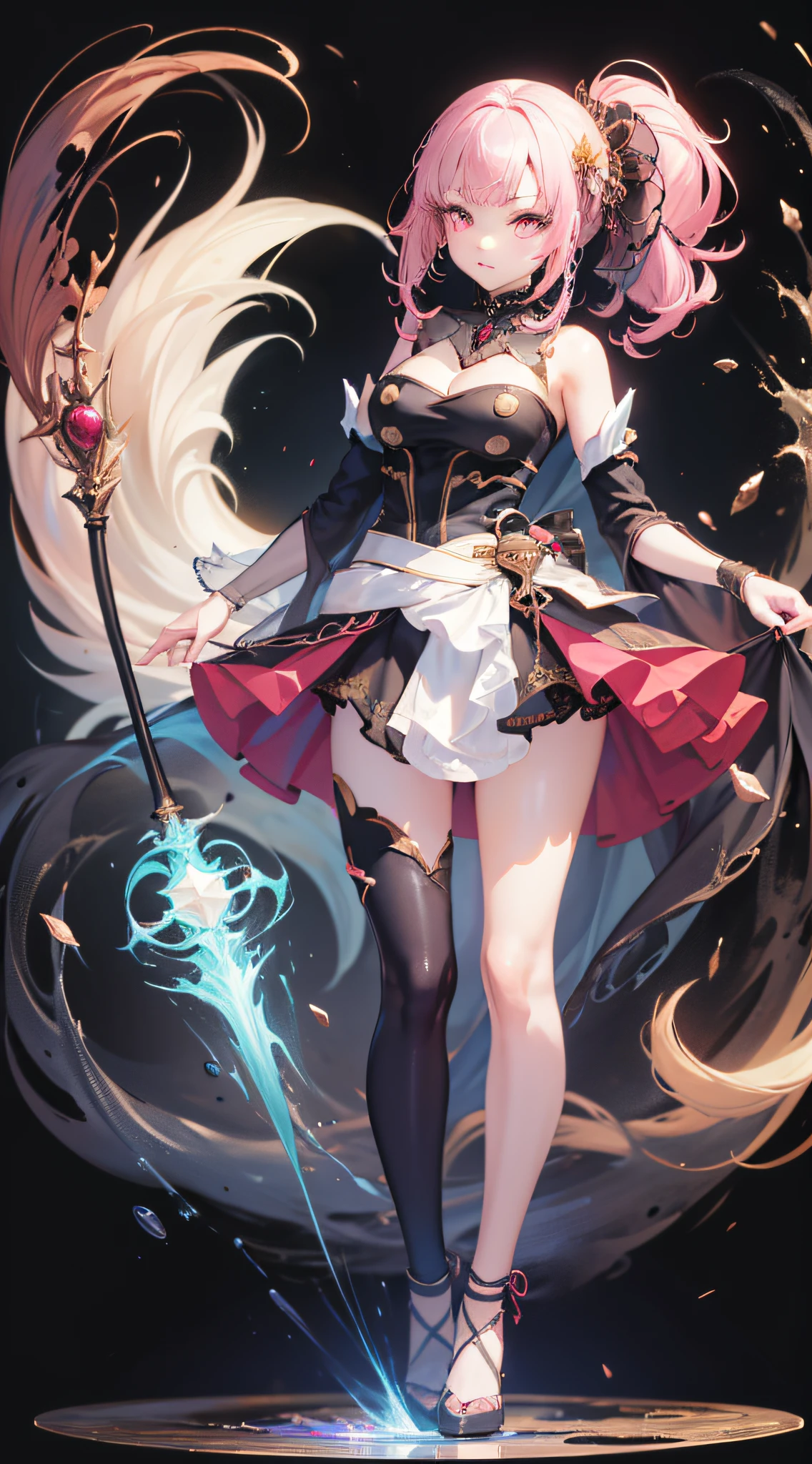 (((Masterpiece))), (best qualighy, best resolution:1.2), beautiful anatomy, perfect body, very delicate, super gorgeous composition, very beautiful hair, high ponytail, pink hair ornament, multicolored hair, absurderes, glowing eyes:1.2, pink impossible dress:1.1, clothes under clothes, full body, pigeon-toed, holding magical girl stick, (big and kawaii puff scenery), unique art, most beautiful art, ((ultra detailed)), beautiful details, ((nice drawn hands and fingers)), (most beautiful legs), depth in field, cinematic lightining, colorful, intricate, mesmerizing, (holographic)