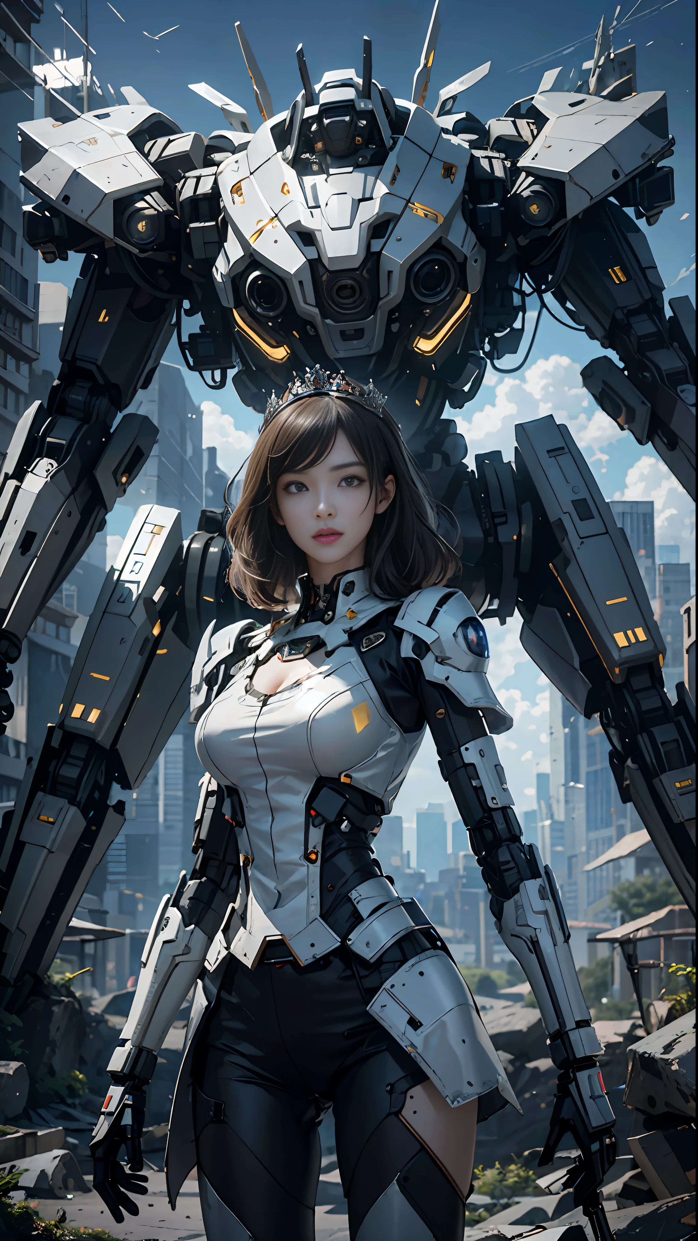 ((Best Quality)), ((Masterpiece)), (Very Detailed: 1.3), 3D, Shitu-mecha, Beautiful cyberpunk woman wearing crown with her mecha in ruins of a city in forgotten war, long silver hair, sci-fi technology, HDR (High Dynamic Range), ray tracing, nvidia RTX, super resolution, unreal 5, subsurface scattering, PBR texture, post-processing, anisotropic filtering, depth of field, maximum sharpness and sharpness, multi-layered texture, Albedo and specular mapping, surface shading, accurate simulation of light-material interactions, perfect ratios, octane rendering, duotone lighting, low ISO, white balance, rule of thirds, wide aperture, 8K RAW, high efficiency sub-pixels, subpixel convolution, luminous particles, light scattering, Tyndall effect