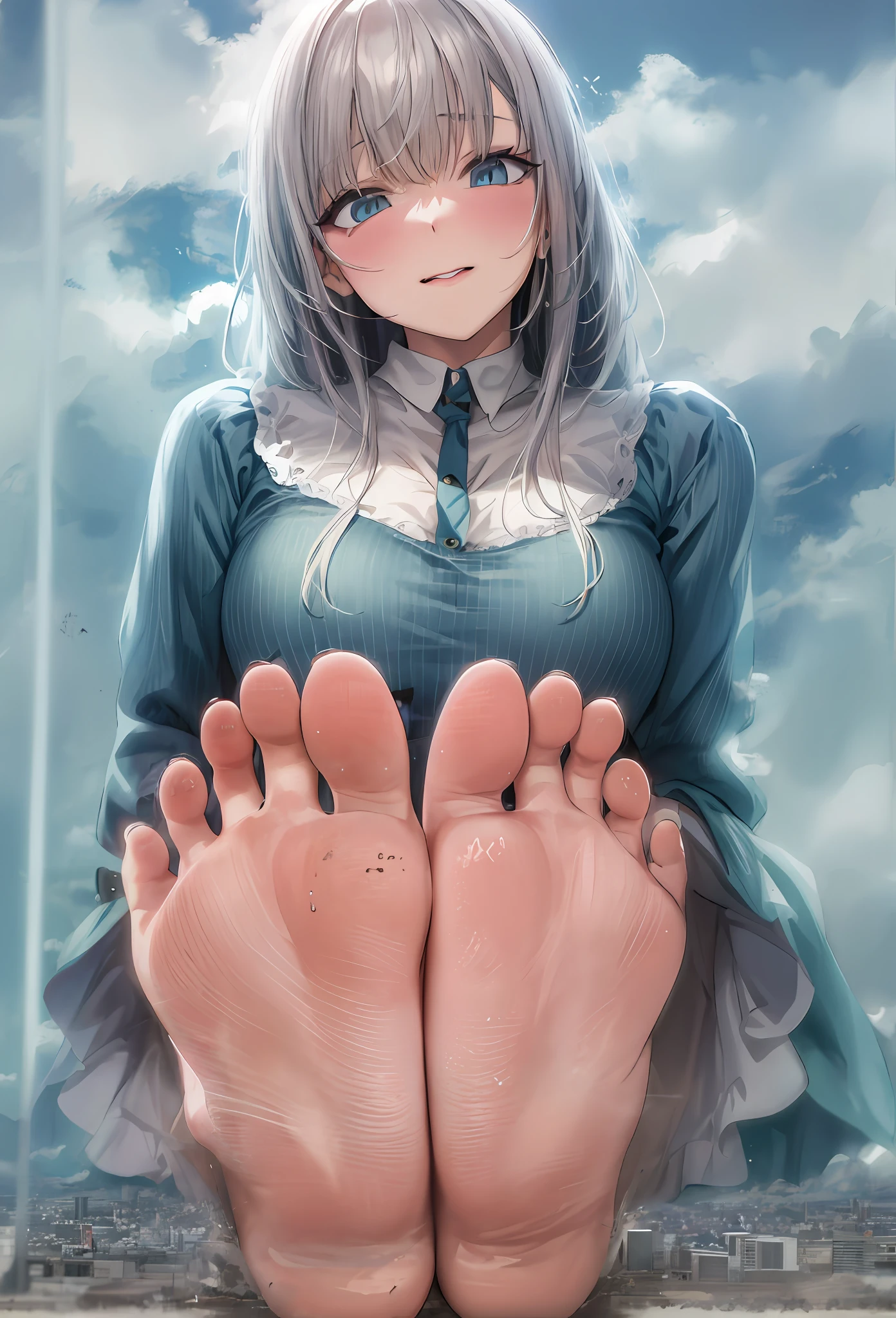 Anime girl sitting on windowsill，Blue eyes and long gray hair, giantess art, [ 4 K digital art ]!!, furry paw pov art, Pisif, 4k manga wallpapers, low view, Loli, at pixiv, Detailed digital anime art, Highest rated on Pisif, detailed anime art, high soles, Digital art on Pisif ，GTS，Barefoot，perspire