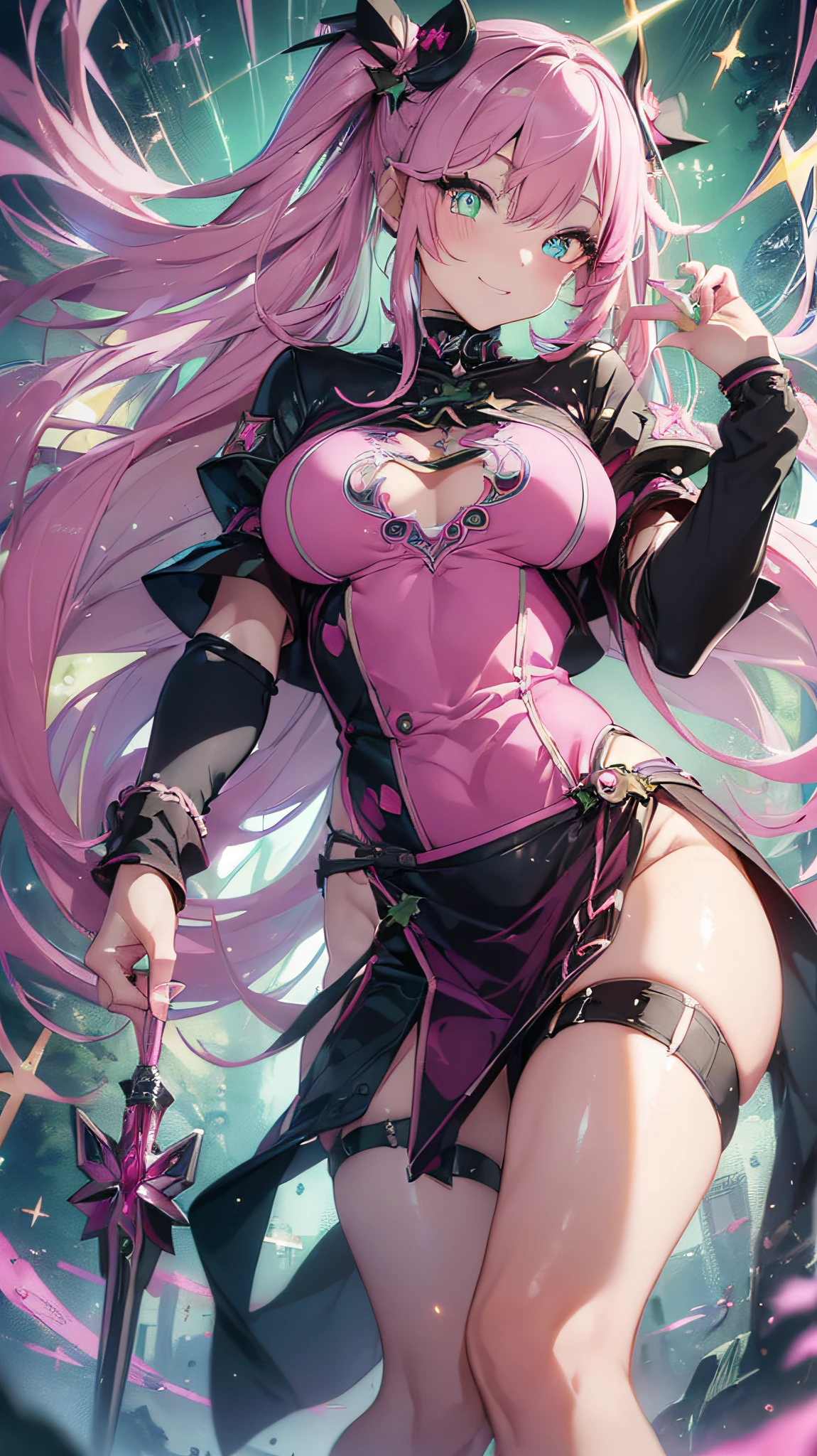 (((Masterpiece))), (best qualighy, best resolution:1.2), beautiful anatomy, perfect body, very delicate, super gorgeous composition, very beautiful hair, high ponytail, pink hair ornament, multicolored hair, absurderes, glowing eyes:1.2, pink impossible dress:1.1, clothes under clothes, full body, pigeon-toed, holding magical girl stick, (big and kawaii puff scenery), unique art, most beautiful art, ((ultra detailed)), beautiful details, ((nice drawn hands and fingers)), (most beautiful legs), depth in field, cinematic lightining, colorful, intricate, mesmerizing, (holographic)