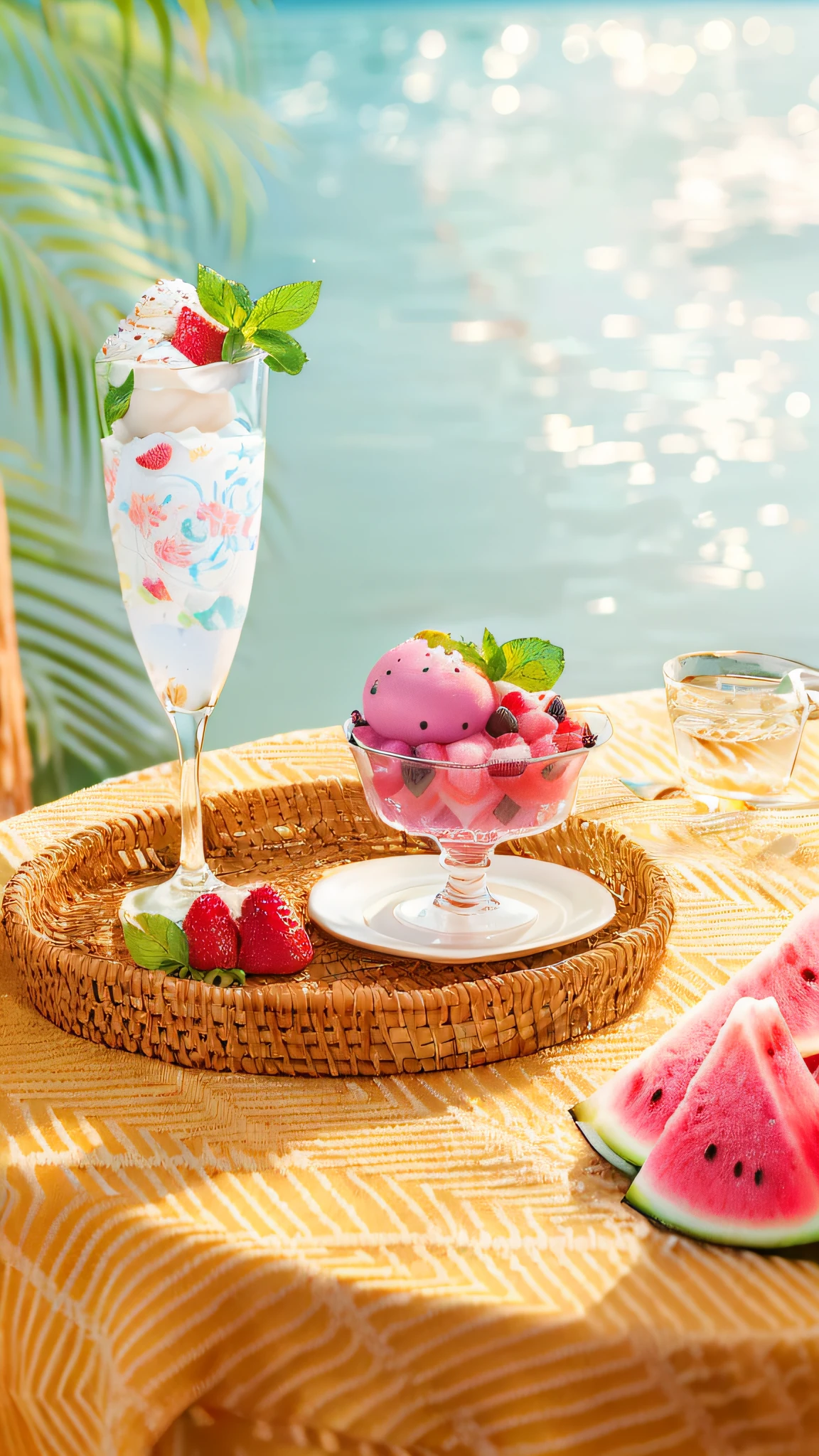 There is a tray,Inside was a cup of ice cream and a plate,There are watermelon slices inside, strawberry ice cream, sea of parfait, food styling, highly detailed composition, at summer afternoon, summer setting, author:Alexander Brooke, high quality product photo, styled food photography, hellokitty,hellokitty,hellokitty,8K。, splendid, product introduction photos, summer morning, blissful, Product photography