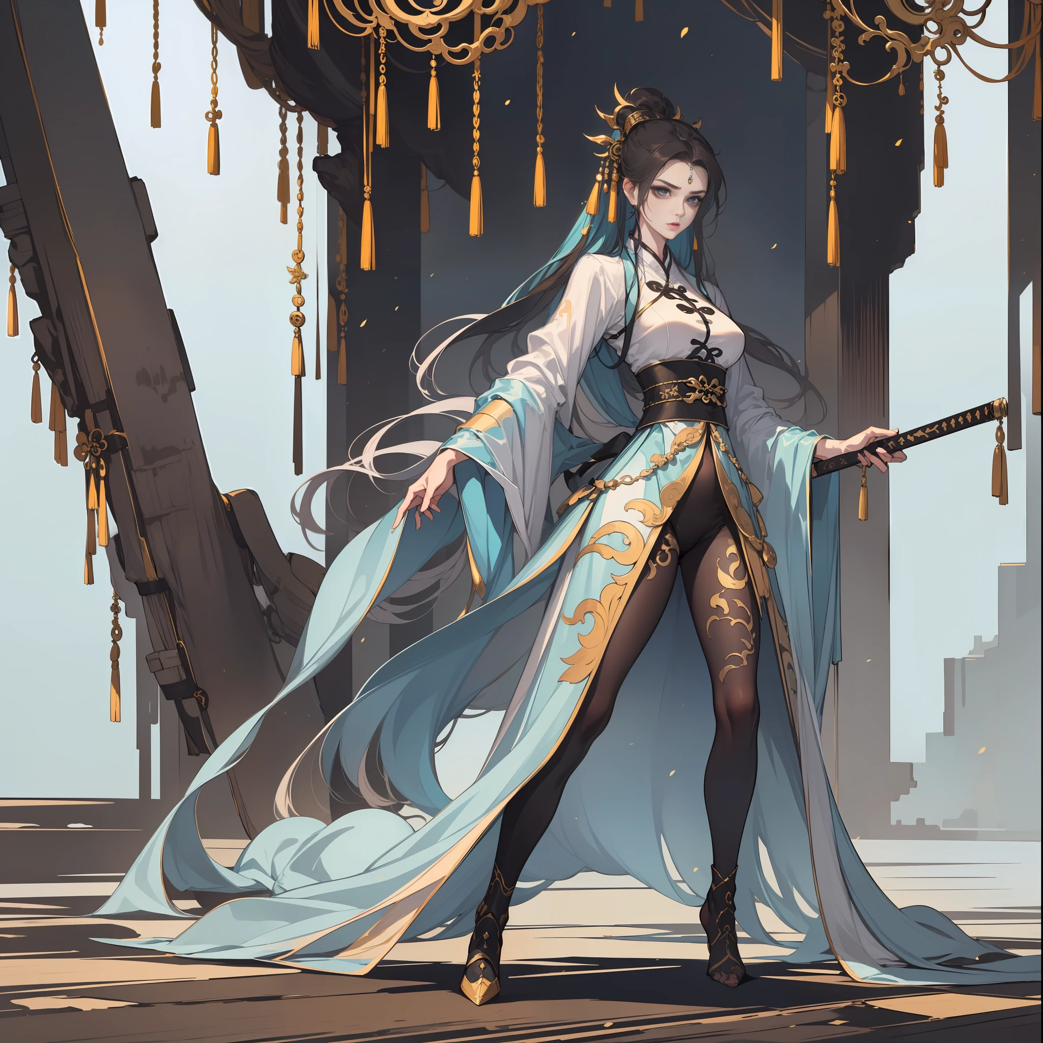 (quality:super high image quality+Vivid and natural standing colors),(Graphic style:Xianxia+narrative+Beautiful),(Presentation modus:Magnificent+Combative),(Scenes:An ethereal and secluded void),(人物:A woman with a beautiful figure),(Character characteristics:Full of fairy+exaggerated poses+holding a longsword+White shirt),(Background with:white backgrounid),(shot of:full body shot shot)