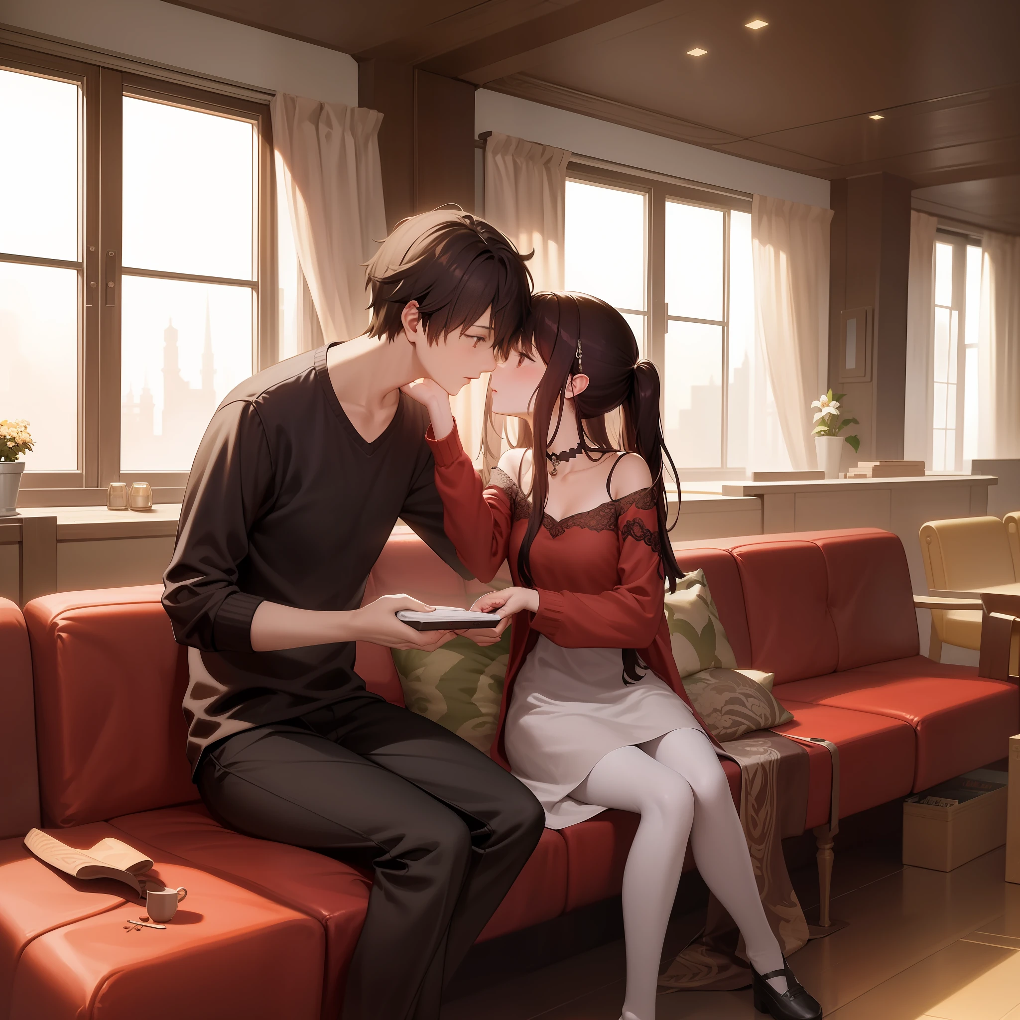 they are sitting on a red couch, kissing together cutely, Guviz-style artwork, Makoto Shinkai e Tom Bagshaw, sakimichan and frank franzzeta, sakimichan and makoto shinkai, Guweiz e Makoto Shinkai, trending on cgstation, ben maier and sakimichan