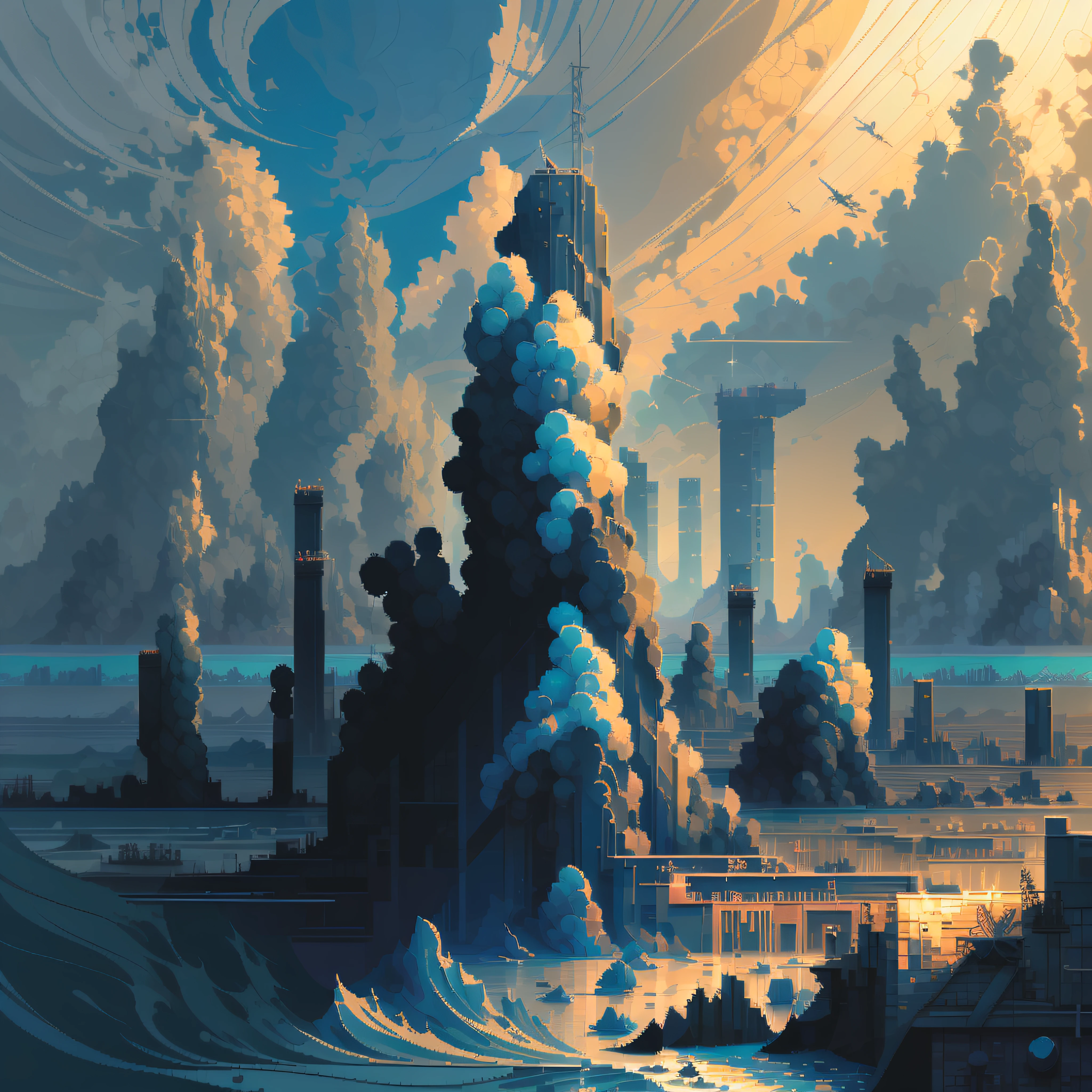 industry,the sea,blue-sky,rays of sunshine,pix,pixelart